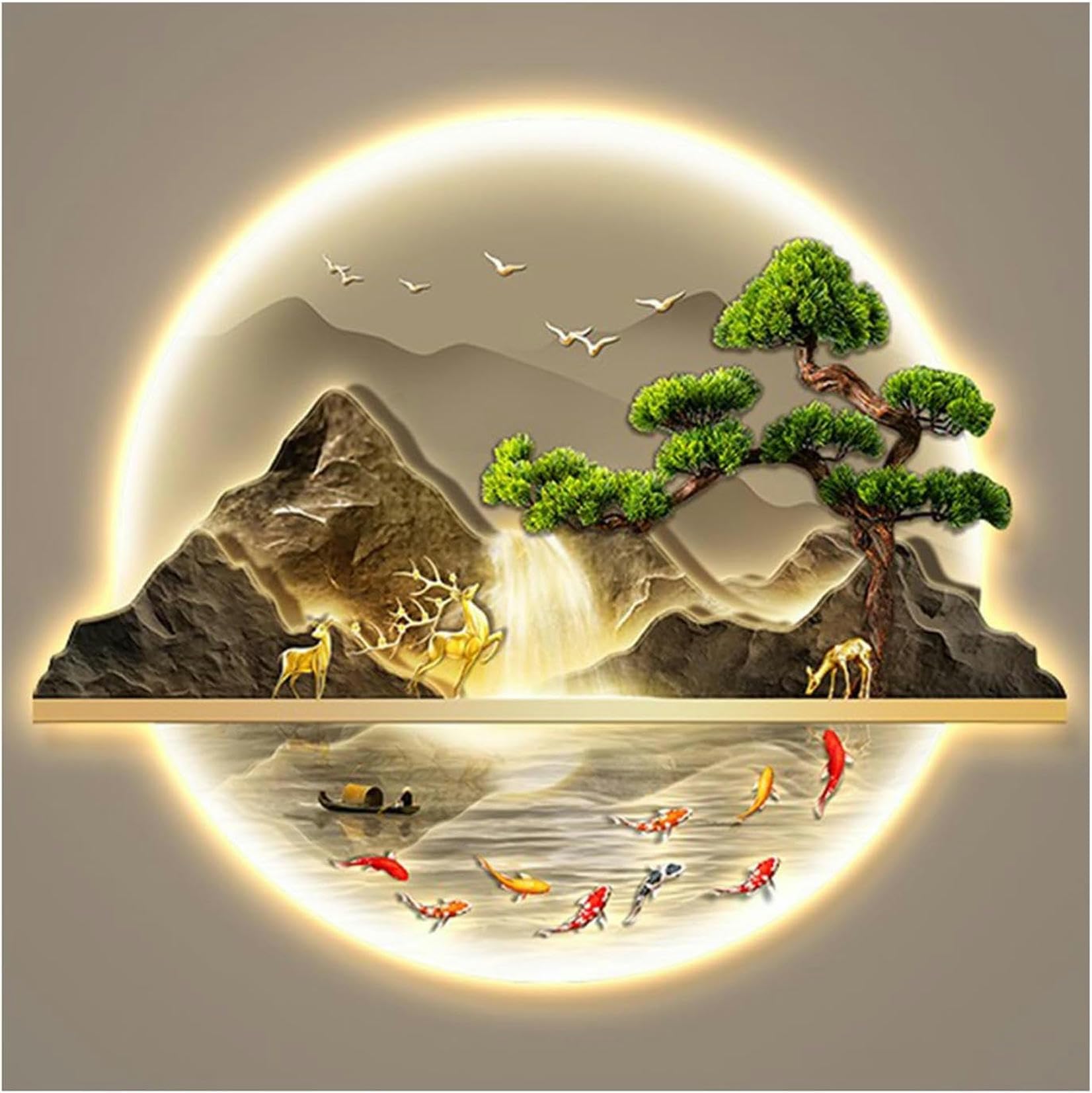 Peinture Art Mural 3D Orientale Suspendu avec Lumière LED Décoration Maison