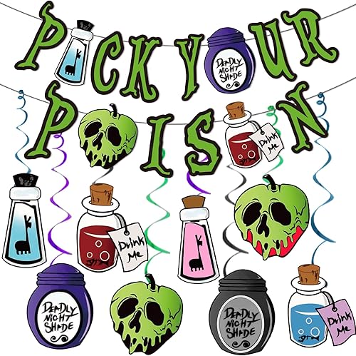 TTDQ Cartel de "Pick Your Poison para decoraciones de fiesta de Hocus Pocus", verde, grande, decoración de fiesta de Halloween