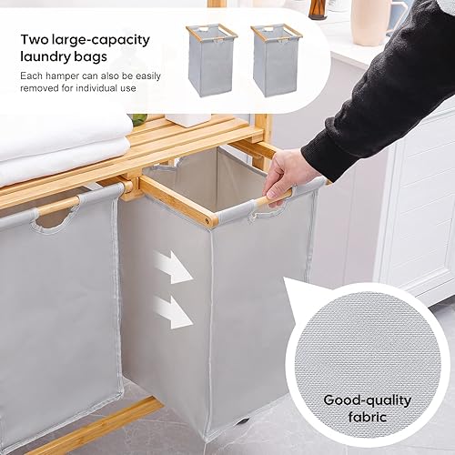 Miniatura 5 de Homde Cesta de lavandería, carrito clasificador de ropa de bambú con barra para colgar ropa, cesta de lavandería de 2 secciones con ruedas, bolsas