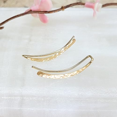 Miniatura 3 de 14K Gold Filled Hammered Ear Climber Earrings – Stylish Long Curved Clip-On Crawlers (Pair)
