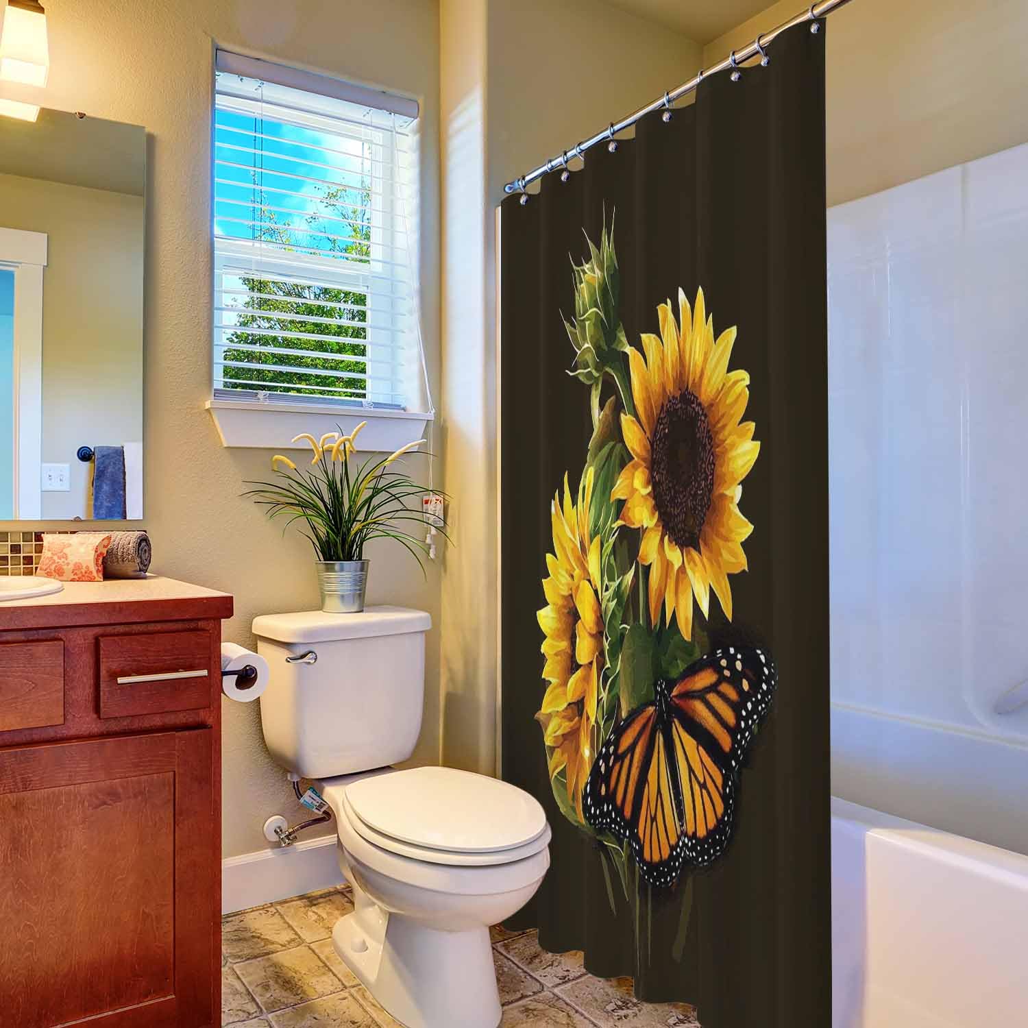 Woutay Shower Curtain Water Repellant Fabric Yellow Sunflower and Butterfly,Mould Proof Resistant,Polyester,with 12 Plastic Hooks - Image 4