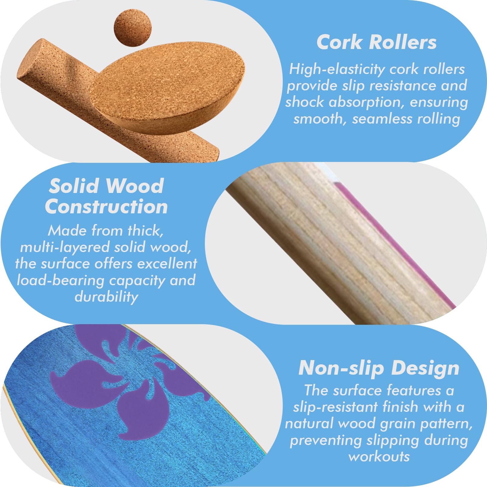 Balance Board Erwachsene, Surfing balance board aus Echtholz, Balance Trainer mit Rutschfester Gleichgewichtstrainer, Holz Balancebrett Set mit Korkrolle, Kork Halbkugel und Korkball