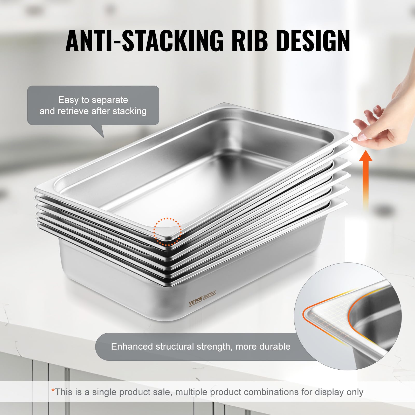 VEVOR Bac Gastronorme GN 1/1 13,9 L, Récipient Inox pour Bain-marie 0,8 mm d'Épaisseur, Bac Inox Alimentaire 10,7 cm Profondeur, pour Fours à Convection, Réfrigérateurs, Stockage, Restauration