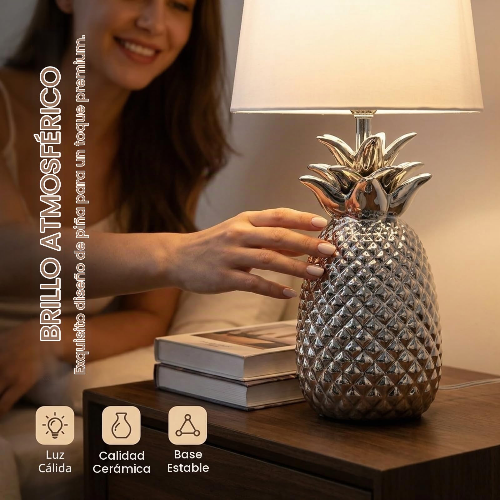 Aigostar 197209 - Lámpara de Cerámica, casquillo E14. Forma de piña, Plateado. Lámpara de Mesa o Mesita de Noche, Pantalla de Tela, Lámpara Escritorio Diseño moderno para Dormitorio, Estudio, Salón
