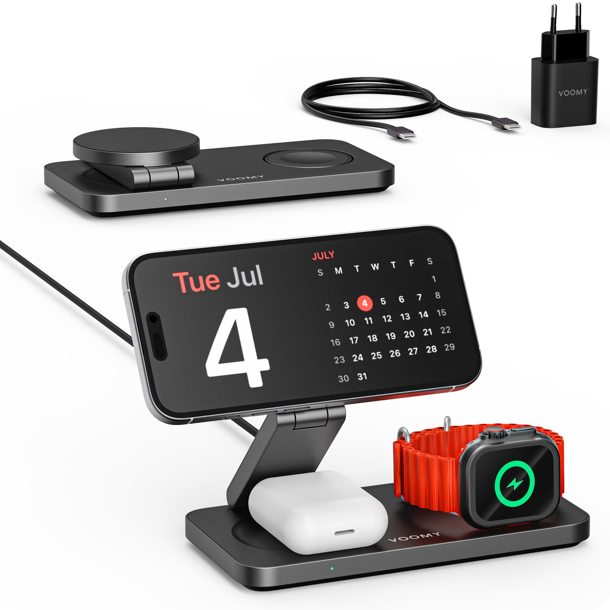 Voomy Carga inalámbrica 3 en 1 MagSafe – Estación de Carga para iPhone, Apple Watch y AirPods – 15W, diseño Plegable, con USB-C y Adaptador – Compatible con MagSafe y Qi