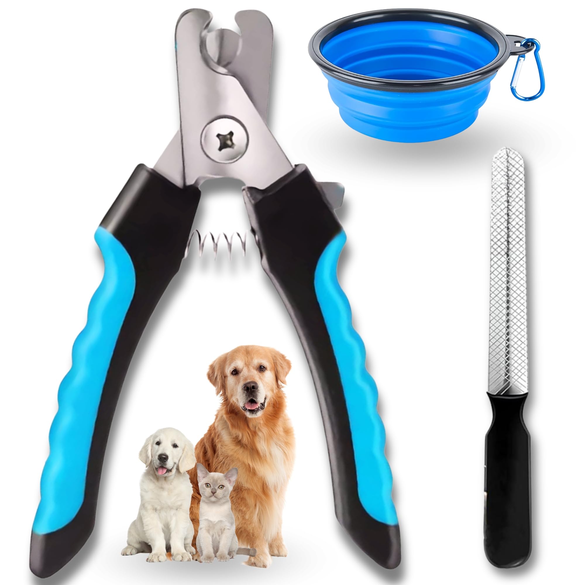 MandA® CORTAUÑAS Perro - Cortauñas Gato Cuchillas de Acero Inoxidable + Lima + Cuenco portatil | Cortauñas Perro Grande | Cat and Dog Nail Clippers | Cortauñas para Mascotas. Protector de Seguridad.