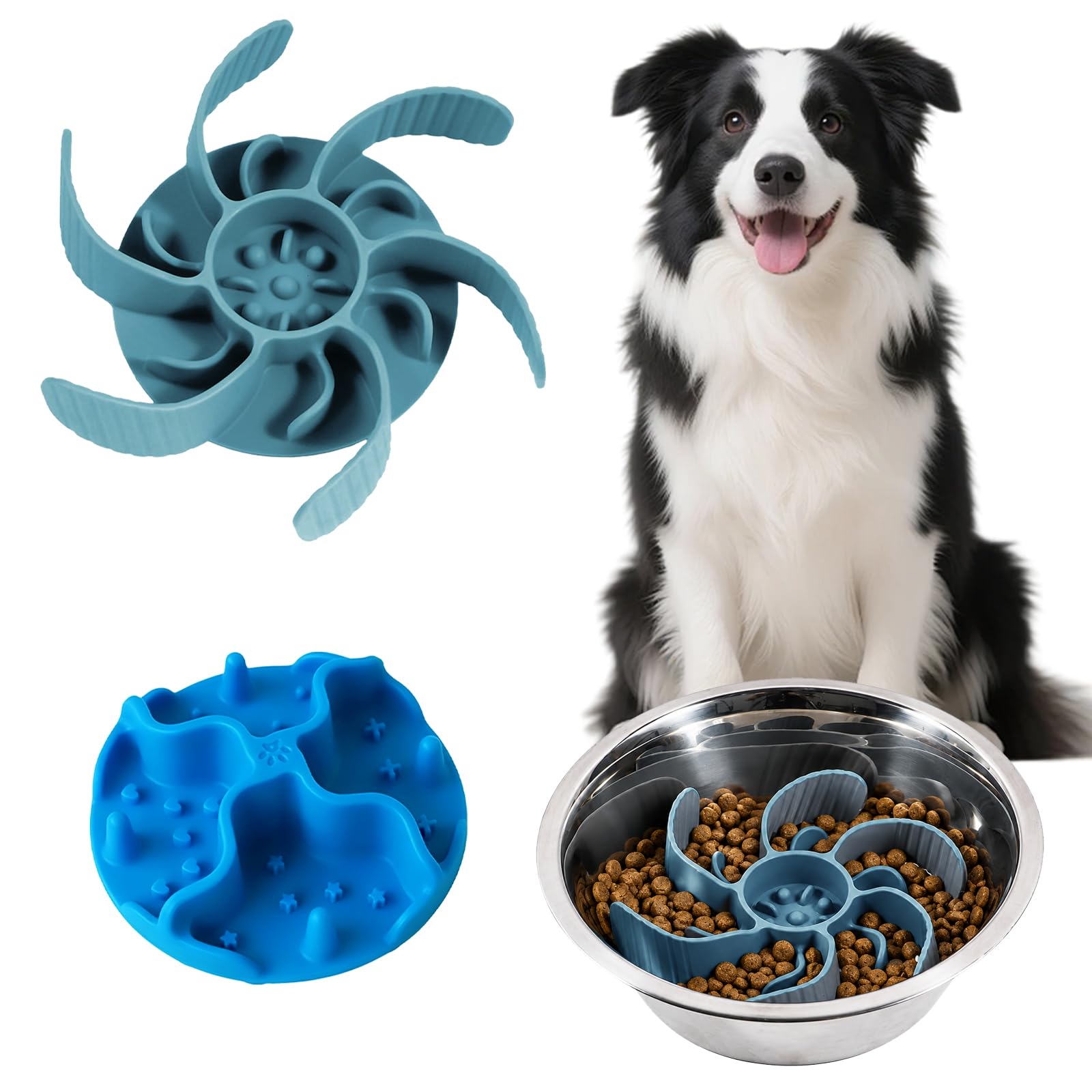 2PCS Slow Feeder Insert for Dog Bowls, Silicone Cuttable Suitable for Small and Large Dog Bowls to Slow Down Eating, Anti-Slip Strong Suction, Compatible with Most Pet Bowls (Grey-Blue & Blue)