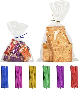 200-Pack Clear Cellophane Bags for Cookies, Candies, Snacks & Party Favors with Self-Tie Closure for Gift Packaging and Treats clear, 6x10 Inches