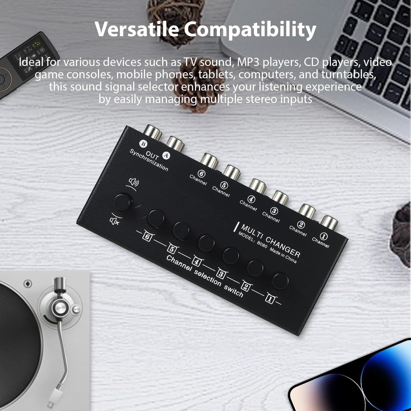 Przełącznik Audio, Przełącznik Stereo Audio, Wyjście 6 na 2, Plug and Play, do Komputera do Gier Kina Domowego, Czarny