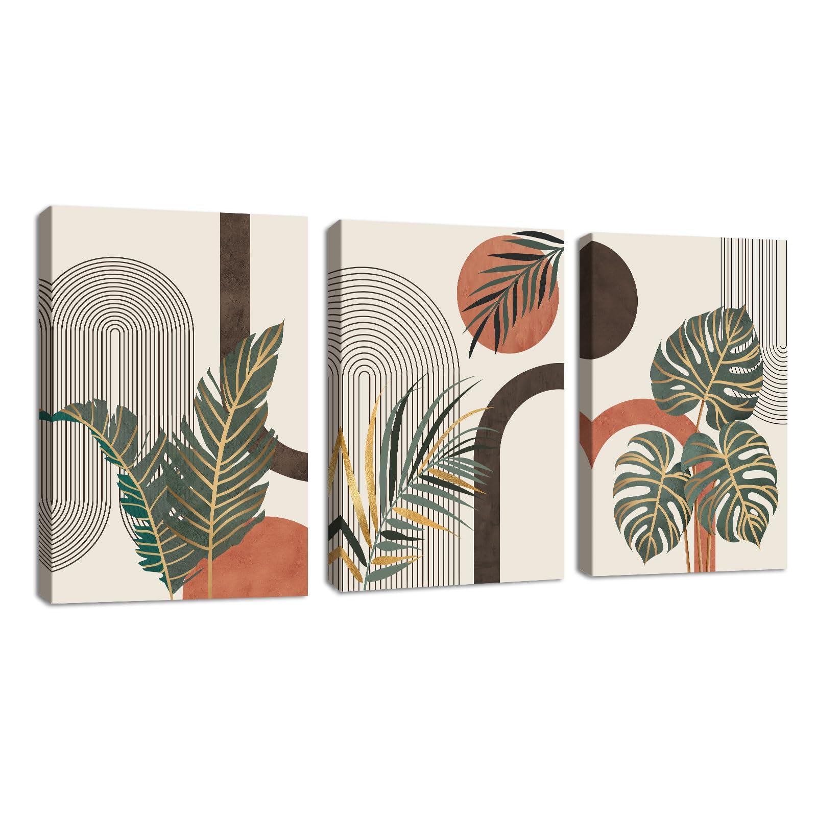 DFZEWKI Canvas Wall Art, Nordic Green Gold Plants Leaves Wall Paintings, Decor for Bedroom Living Room Office(60x80cm(24x31in) x3/No frame)