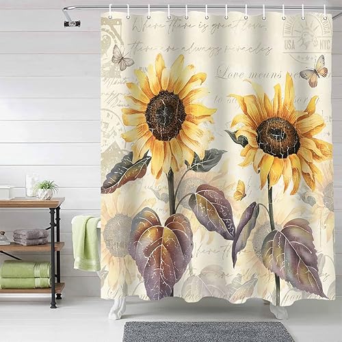 Juego de cortinas de ducha impermeables de girasol, 54 x 78 pulgadas, diseño rústico floral de hojas marrones, mariposa, vintage, beige, tela de