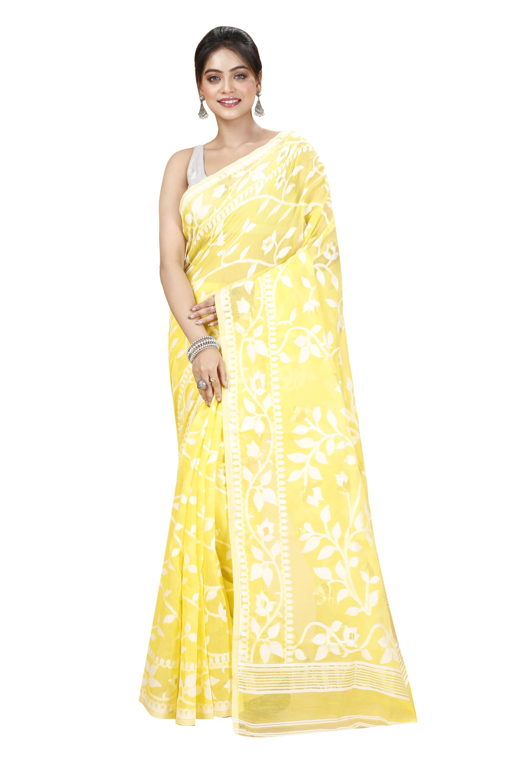 Tant Vastra Women’s Soft Resham Dhakai Lata Jamdani Saree without Starch And Without Blouse Piece