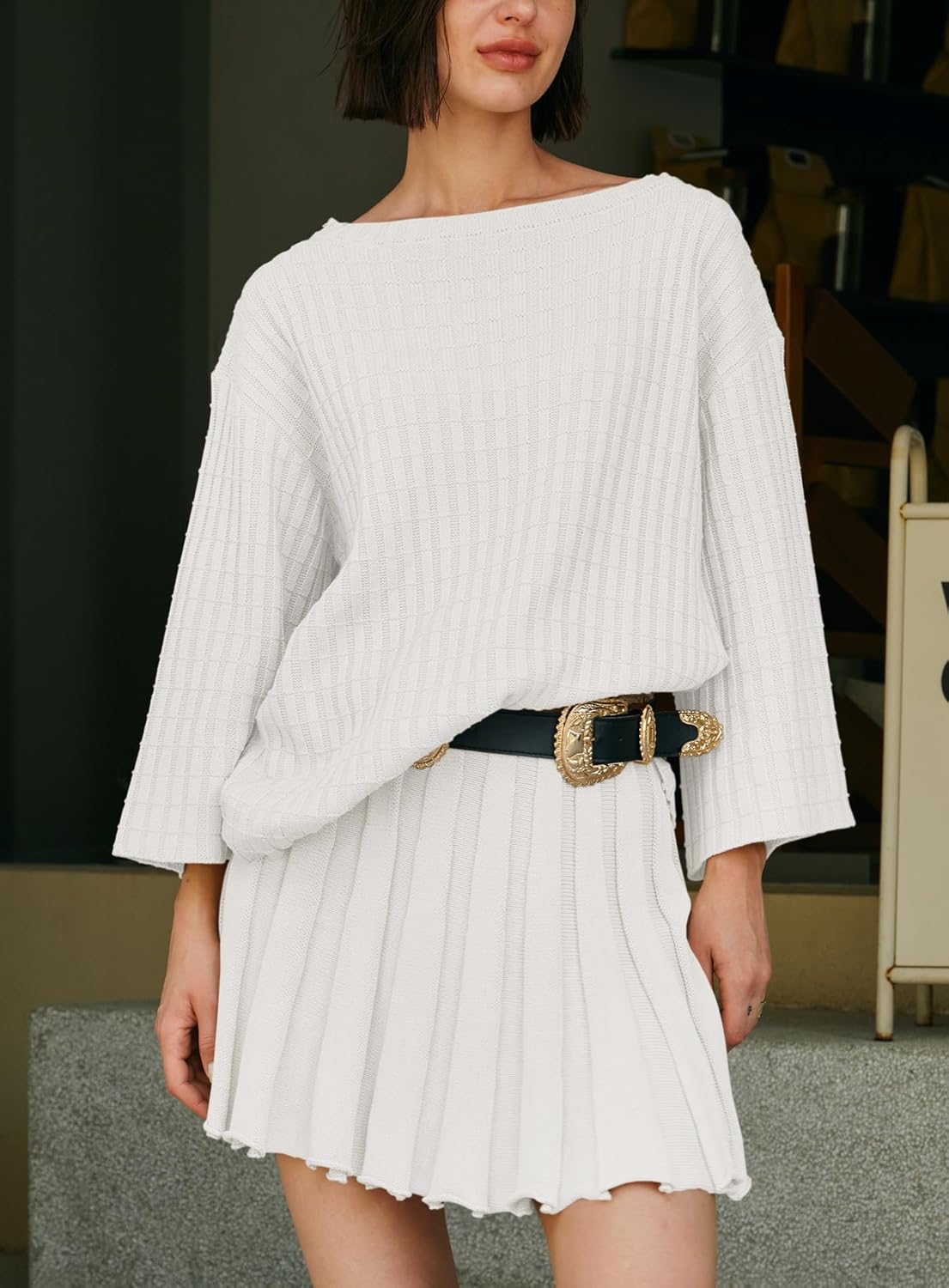 Yanekop Womens 2 Piece Sweater Skirt Set Loose Matching Lounge Sets Comfy Pajamas Set Long Sleeve Top and Skirt Sets - Image 4