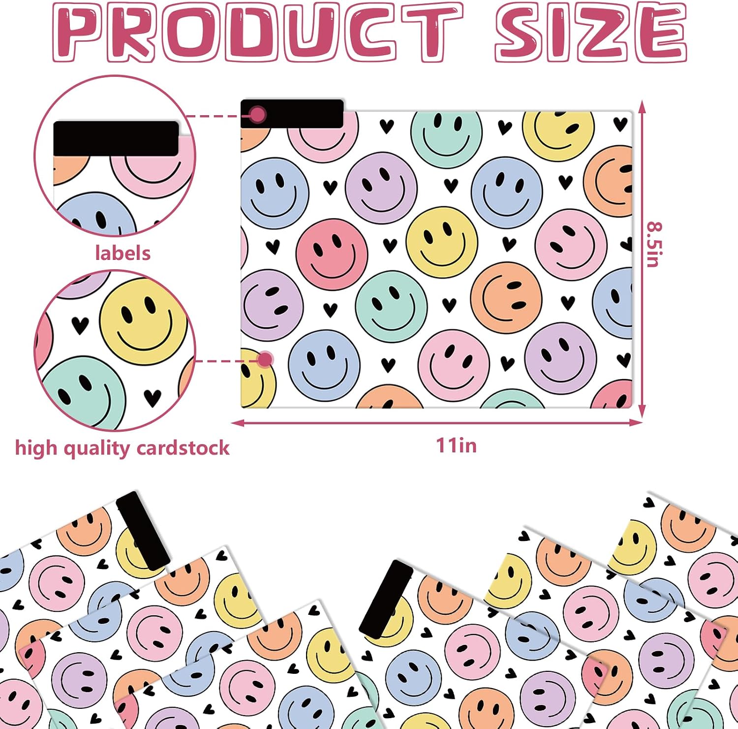 JarThenaAMCS 12 Pcs Boho Happy Face File Folders Letter Size 1/3 Cut Tab Pastel Smile Face Heart Decorative File Pockets for Back to School Filing Cabinet Office Home Classroom Supplies, 8.5 x 11 Inch image 2