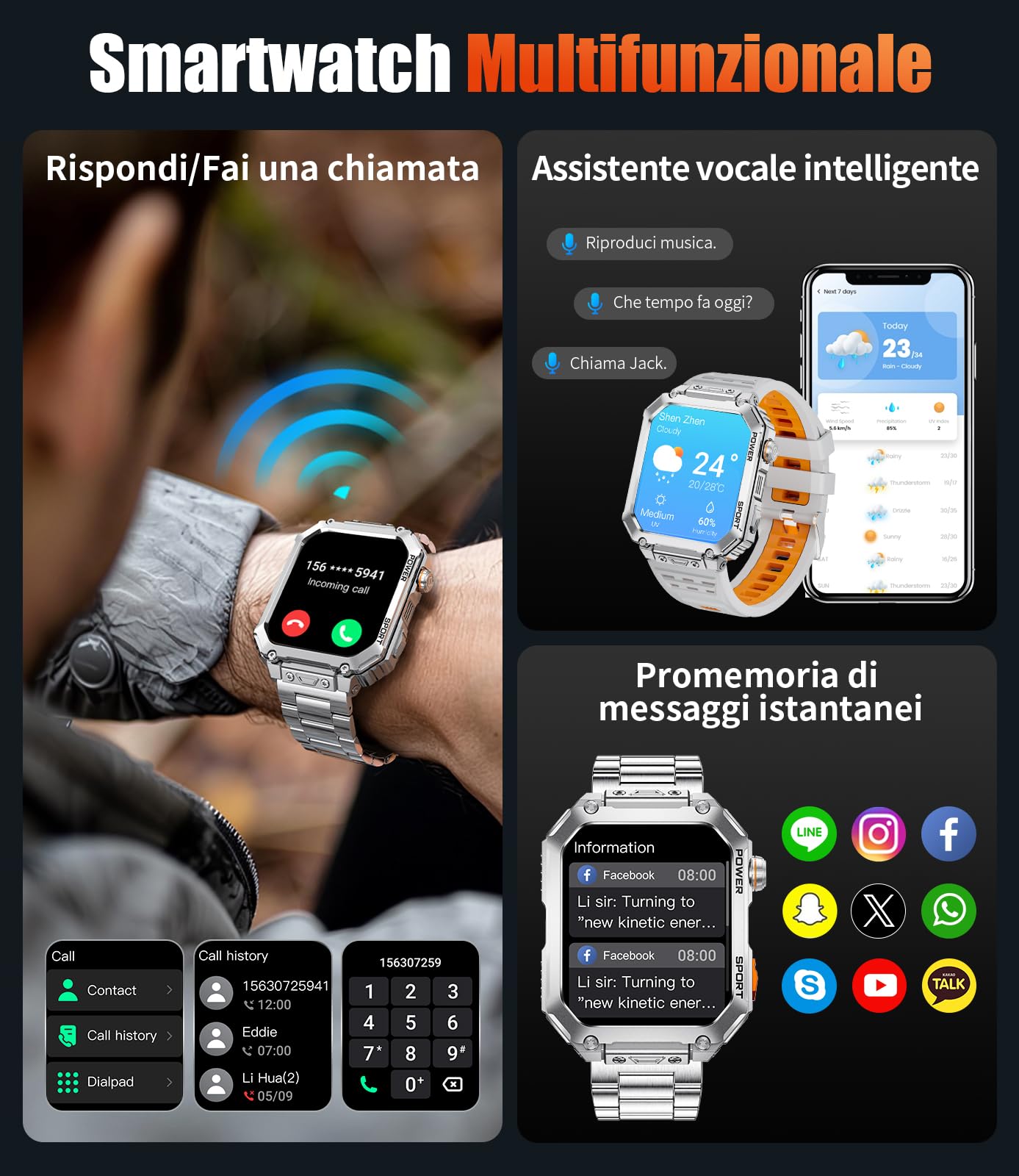 Smartwatch Uomo Militare, 2.01" Sport Smart Watch con Chiamata Bluetooth, 100+ Modalità Sportive, IP68 Fitness Orologio, Frequenza Cardiaca e Sonno, 600mAh Batteria, Android iOS, 2 Braccialetti,EF2-M