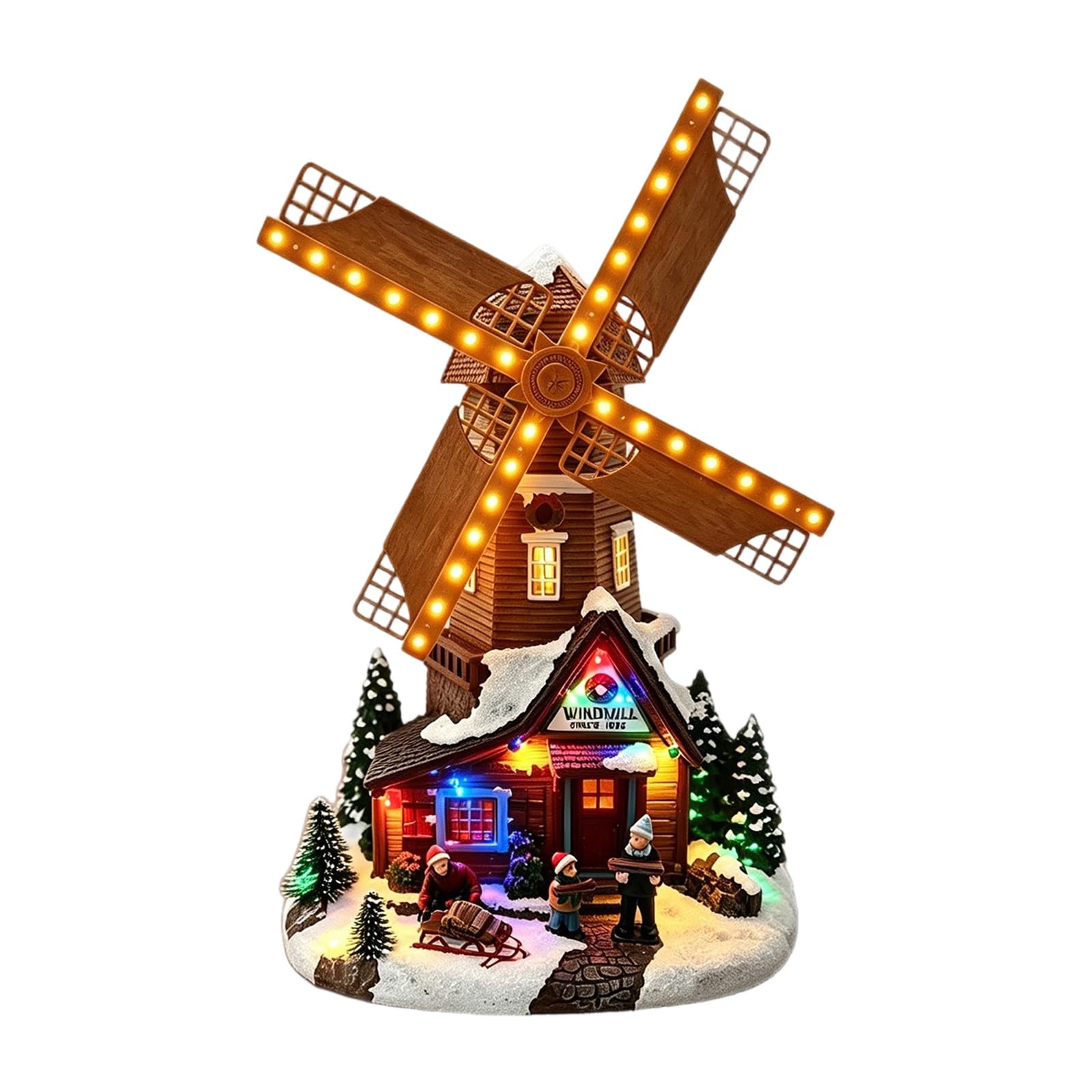 Indoor Christmas Mantel Decor Windmill Music Box, Lighted Village House Ornament with USB or Battery Power for Tabletop Shelf Holiday Display, 12.6 in Christmas Music Box Lighted Village Decor House