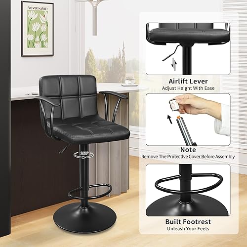 Miniatura 5 de Juego de 2 taburetes de bar, taburetes de bar giratorios ajustables con respaldo, sillas de altura de mostrador de cuero sintético de doble aguja