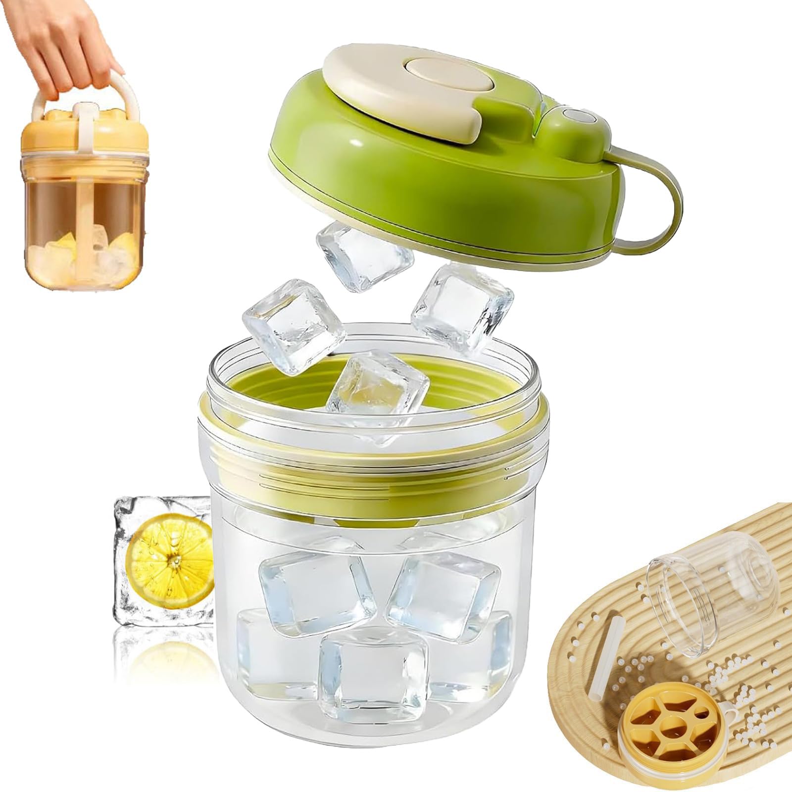 Máquina de hielo portátil 2 en 1, incluye una bandeja de hielo integrada con prensa, fácil de limpiar, ideal para café helado, cócteles, whisky y zumos de frutas (Green)