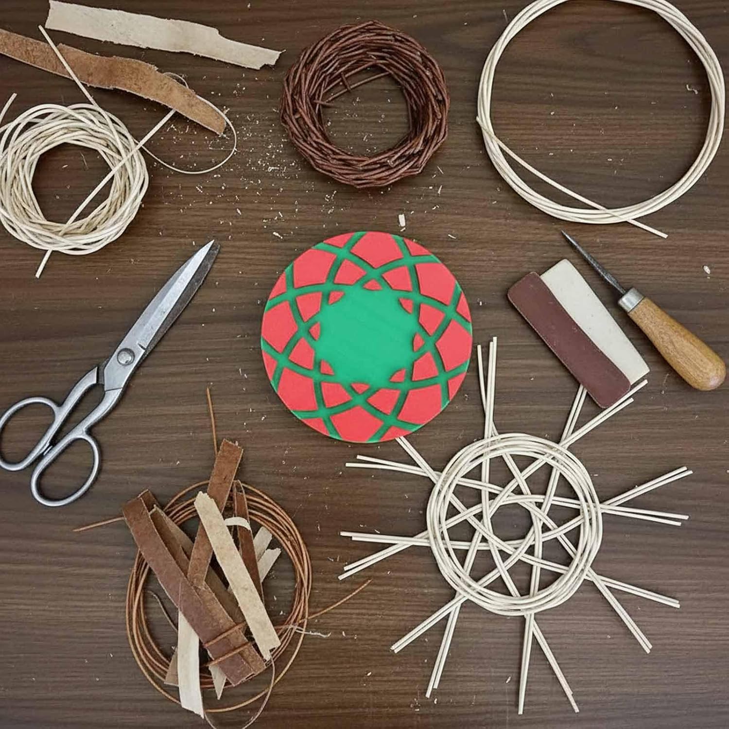 2 Pack Round Basket Making Starter, Basket Making Weaving Mold Form Template for Wicker Woven Rattan Basket Base Making (Red, Green, Festival Style)