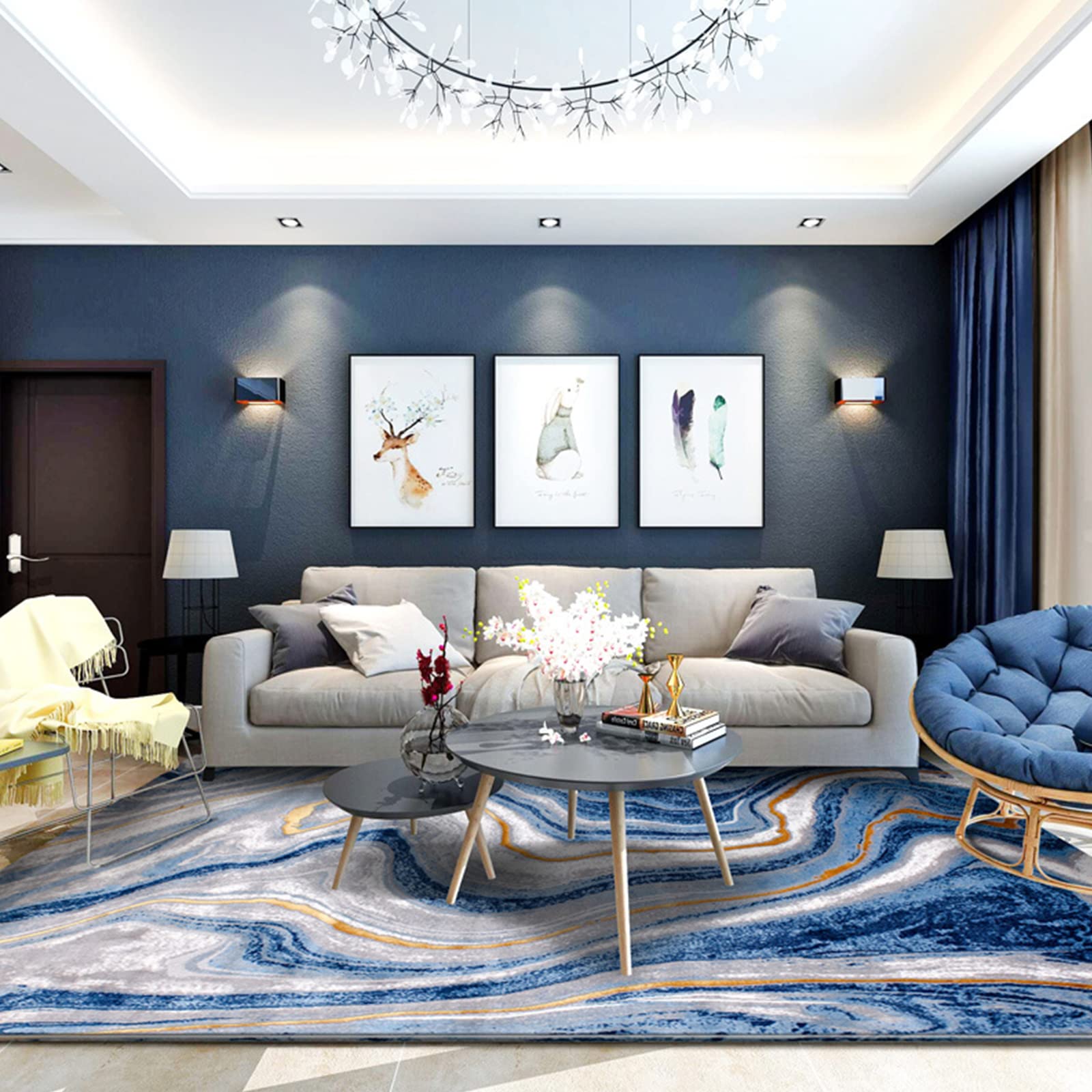 Vloerkleed 80x150 cm Modern Tapijt, Woonkamer, Tapijt, Wasbaar Tot 30 Graden, Antislip Onderkant, Heerlijk Zacht Blauw En Goud Riviermarmeren Patroon