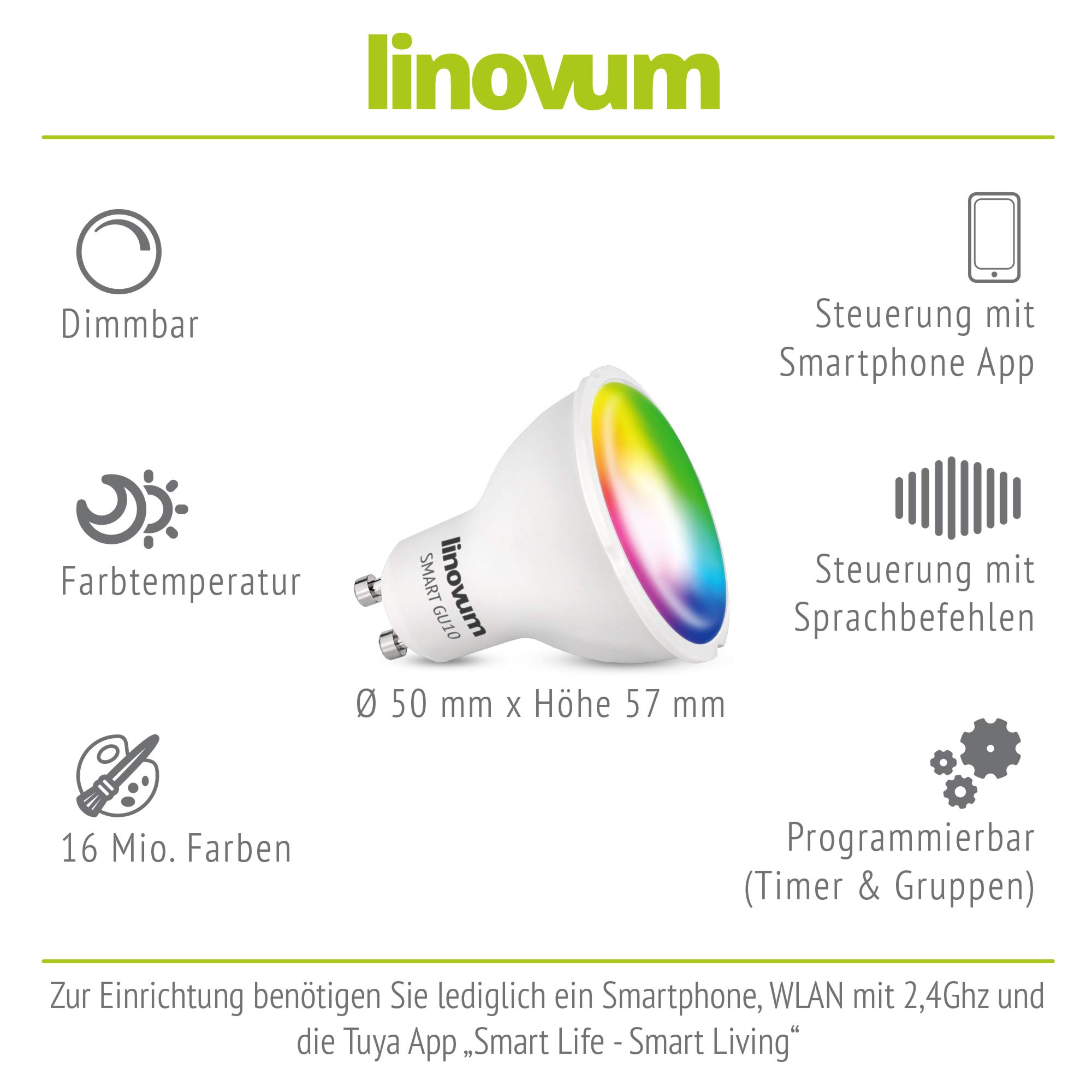 linovum Smart LED GU10 Lampe 5W RGBW WLAN dimmbar Alexa Google Wifi | Smarte GU10 Lampe mit RGB & Weißtönen - per App & Sprache steuerbar, warmweiß bis kaltweiß, 380 Lumen, 5W, ohne Bridge