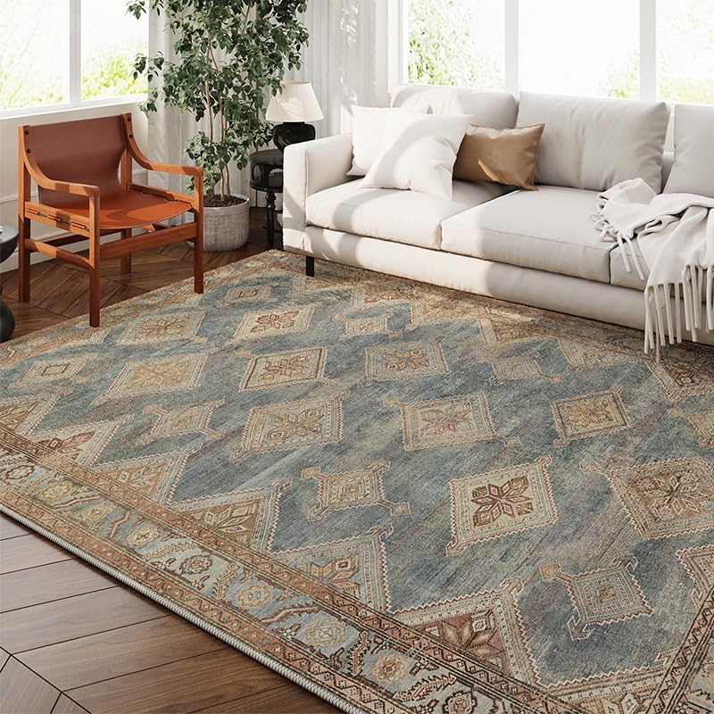 Tapis vintage marron 160x230 grand tapis de salon lavable et antidérapant