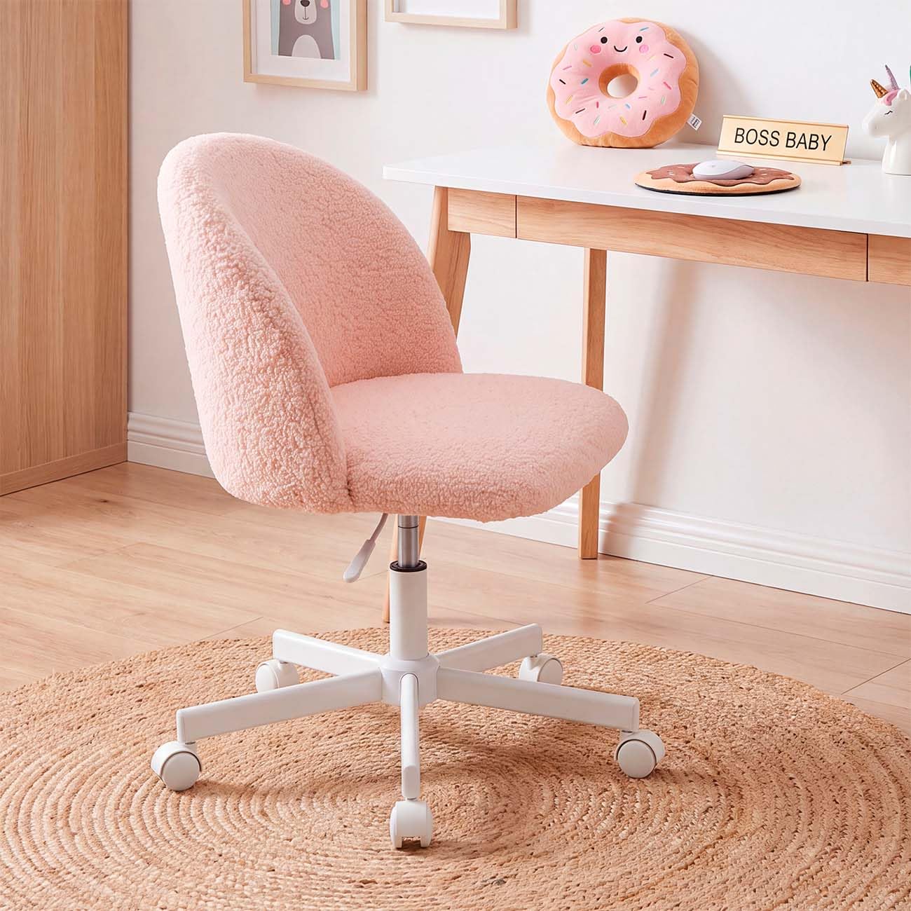 duehome | Silla de Escritorio Tapizada en Tela de Borreguito, Modelo Candy, Acabado en Color Rosa Empolvado, Medidas: 45,5 cm (Ancho) x 47 cm (Largo) x 76-89,5 cm (Alto)