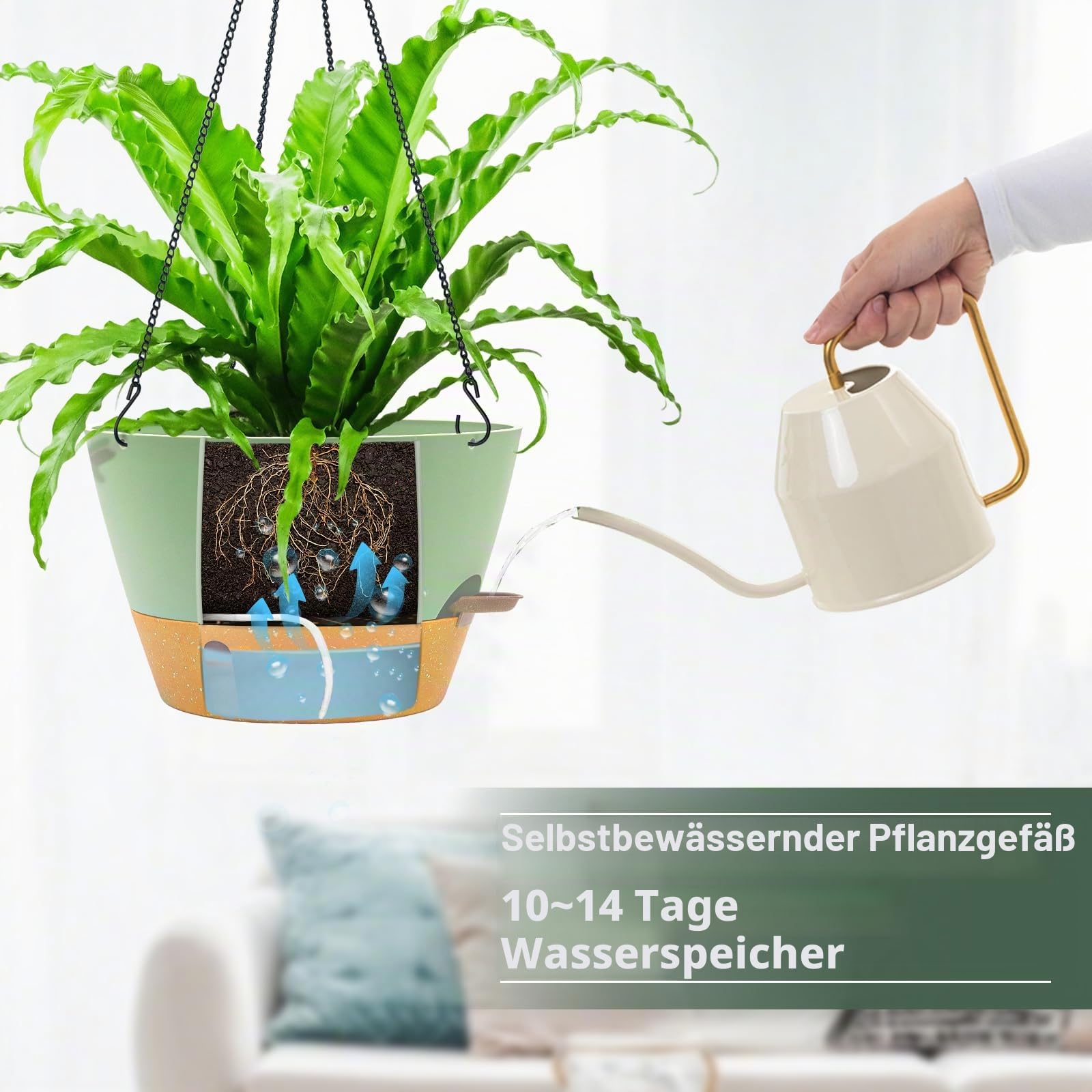 ZMTECH 30cm Selbstbewässernder Pflanztopf Hängend, 2er-Set, Blumentopf mit Untersetzer, Wasserstand-Fenster & Drainagelöchern für Innen- und Draussen, Grün