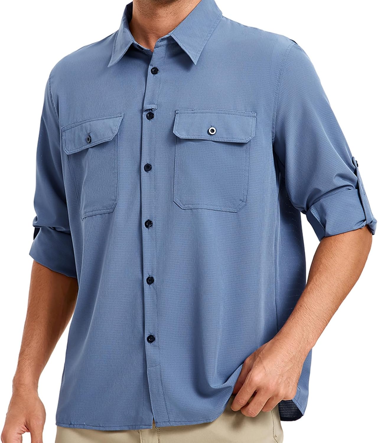 Men's UPF 50+ Sun Protection Fishing Shirts Long Sleeve Quick Dry Cooling Hiking Safari Button Down Shirt Roll Up Sleeve