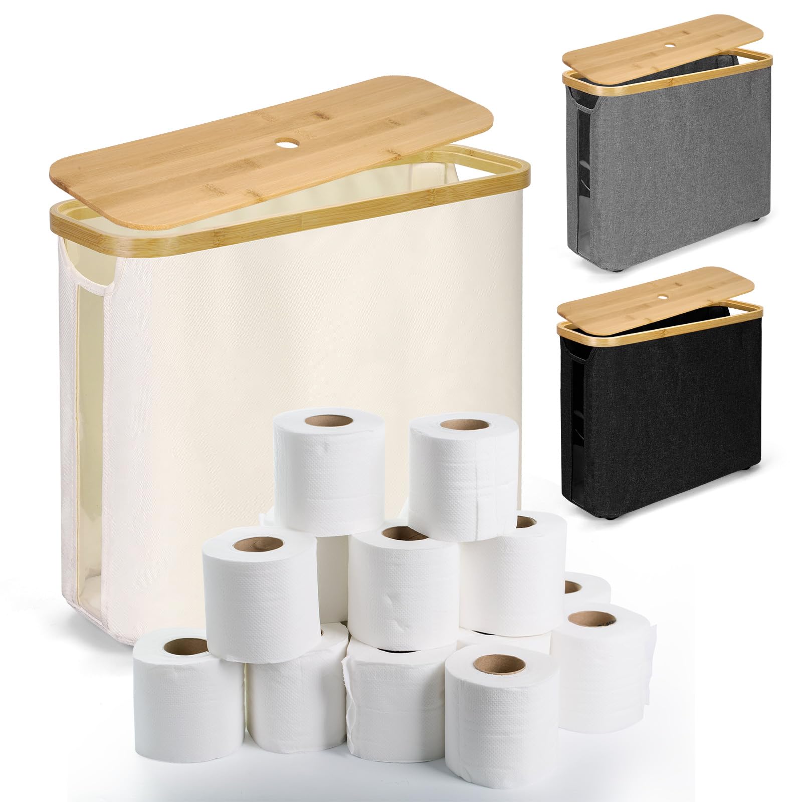 POFIBO Almacenaje Papel higiénico Plegable e Impermeable, con Tapa de bambú, portarollos Papel higiénico para Organizador baño, Capacidad para hasta 12 Rollos(45x15x35cm,Blanquecino)