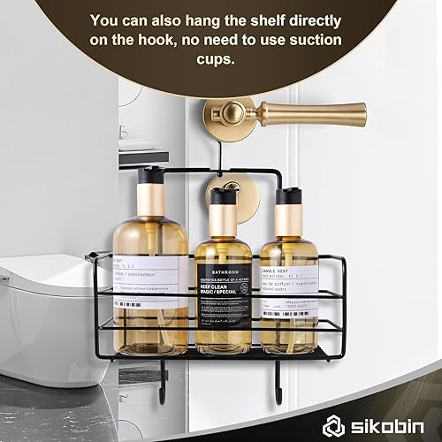 Miniatura 6 de Estante organizador de estante de ducha, paquete de 3 con gancho, autoadhesivo, color negro, estantes de almacenamiento de pared para baño, cesta