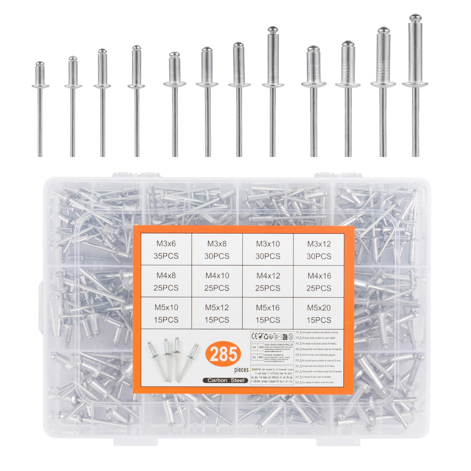 Rivetti Alluminio Ciechi a Strappo M3 M4 M5 285 Pezzi per Metallo Legno Plastica Argento