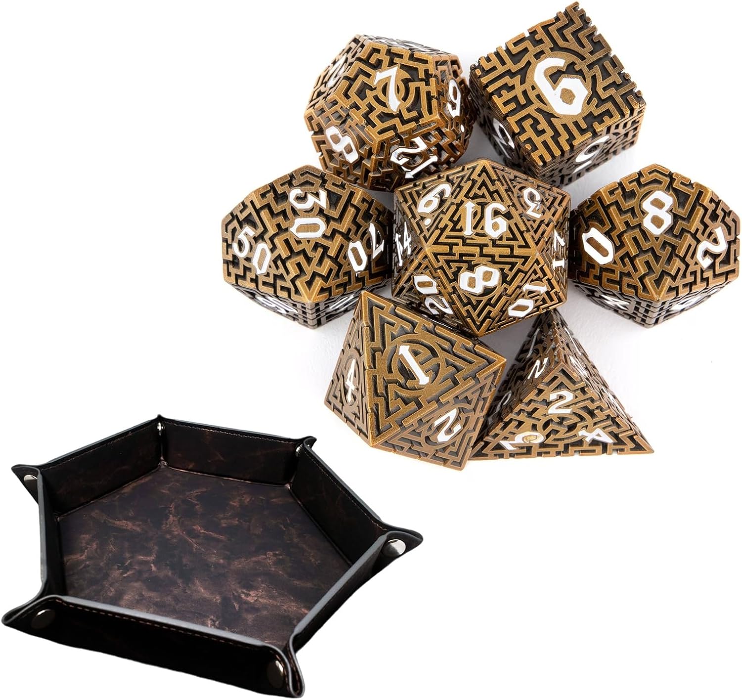 7 Piece Bronze and White Maze Design Dice, Hollow Polyhedron, Compatible with Role-Playing RPG Board Game Card Game