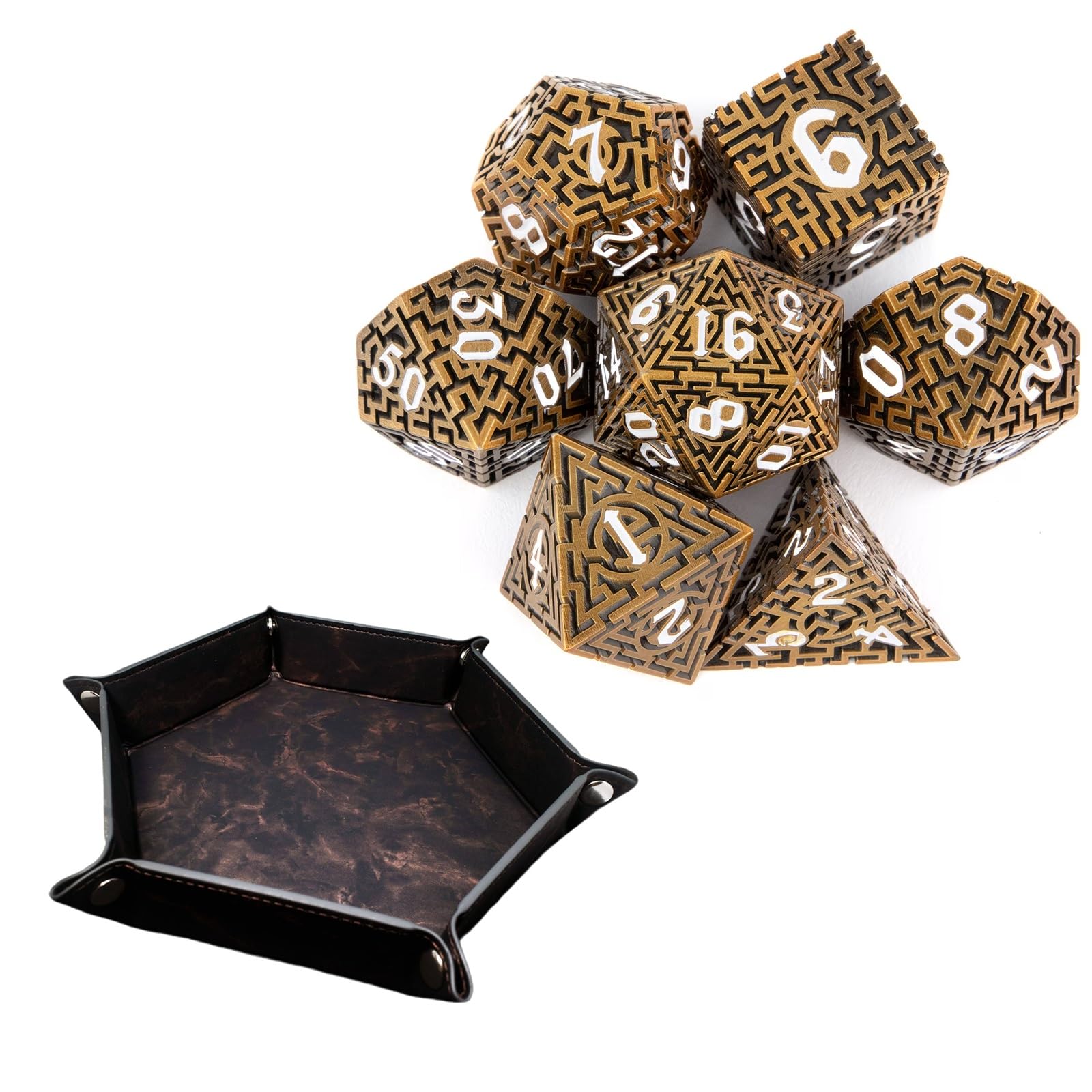 7 dados de diseño de laberinto de bronce y blanco, poliedro hueco, compatibles con juegos de rol RPG de cartas