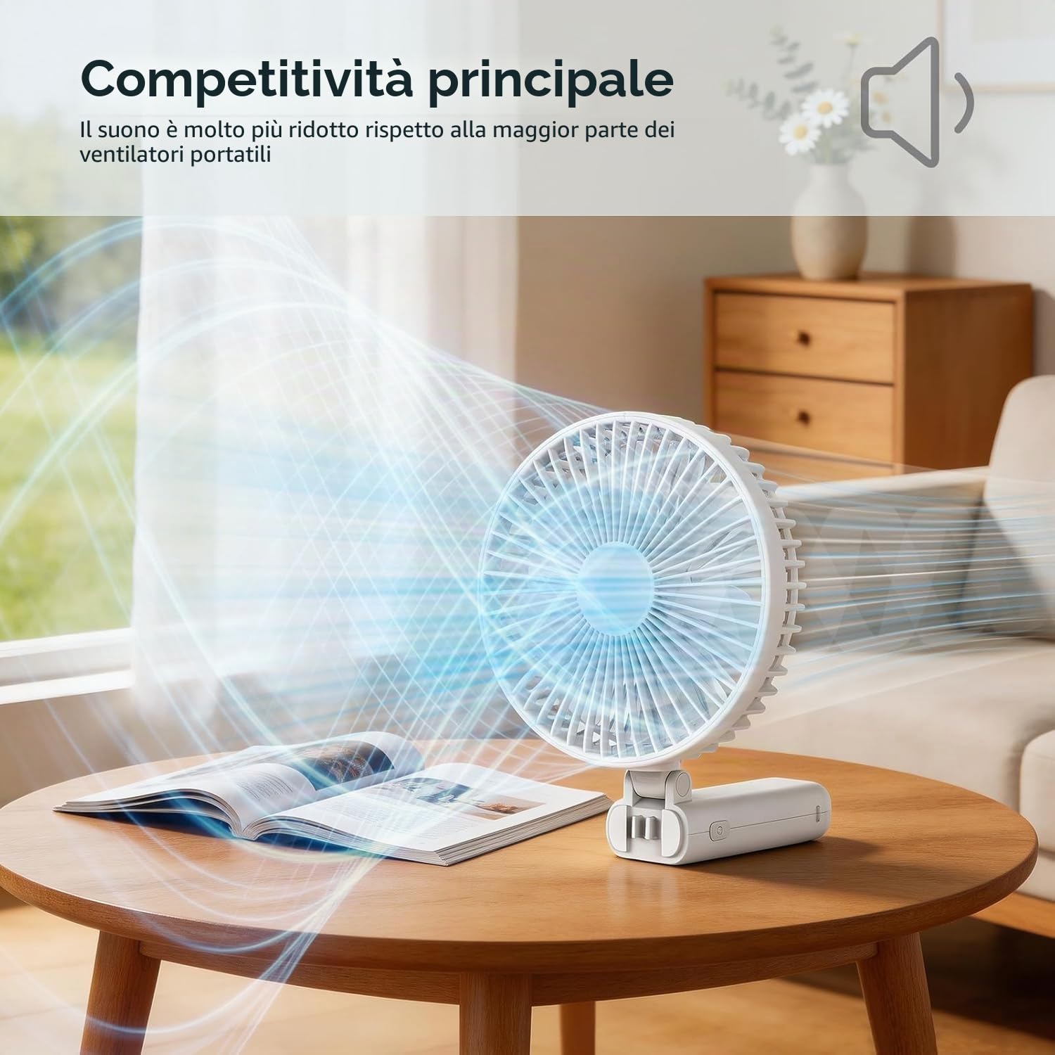 Bellababy Mini Ventilatore Portatile, Batteria Grande Capacità 3600 mAh, 4 Velocità, Ultra Silenzioso con Luce LED, Leggero e Facile da Trasportare (Mini)