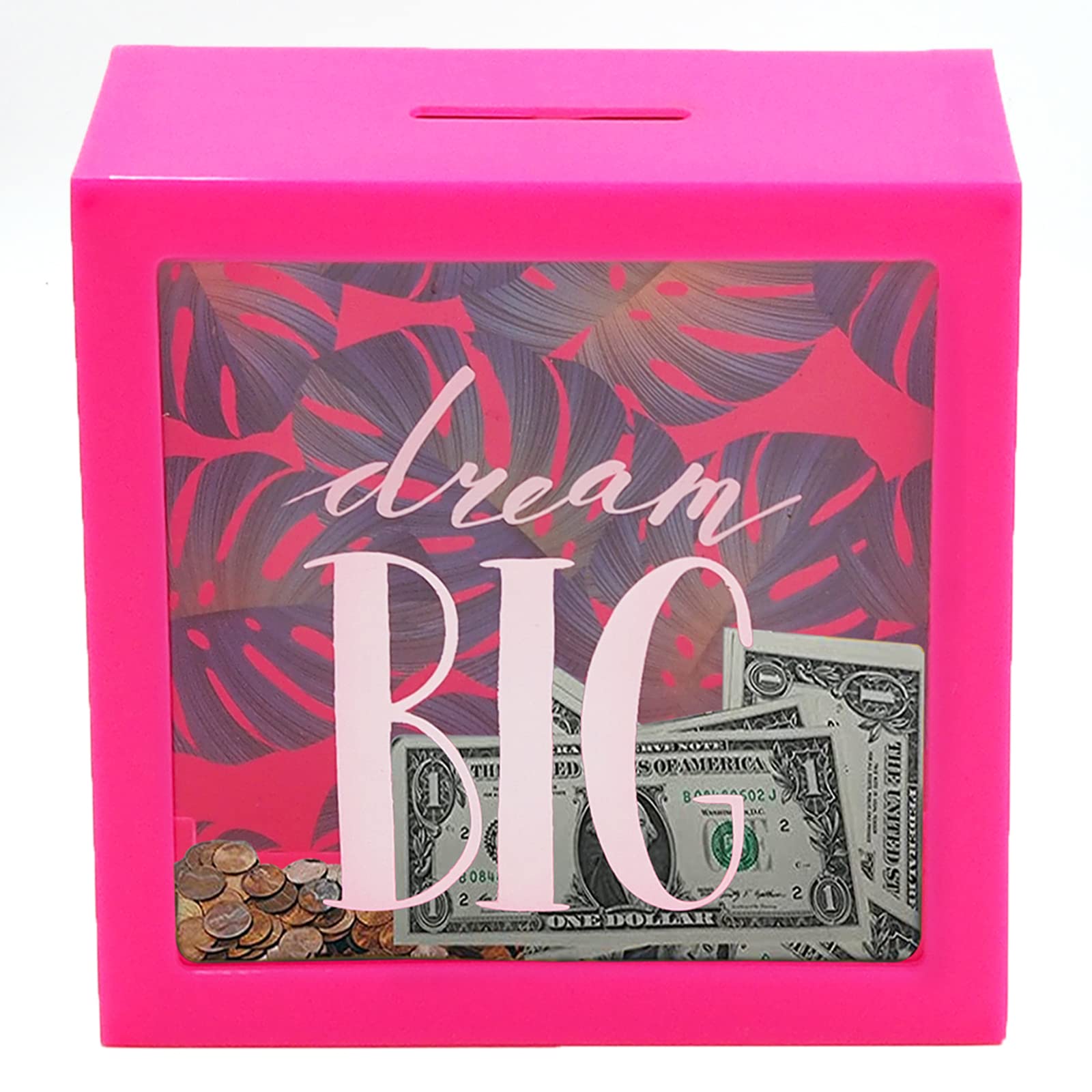 TFER Piggy Bank Coin Money Bank for Adults,Girls,Boys,Kids | Clear Plastic Money Jar Saving Box Must Break to Open for Child Travel Vacation Fund Bank Box (Big Fuchsia)
