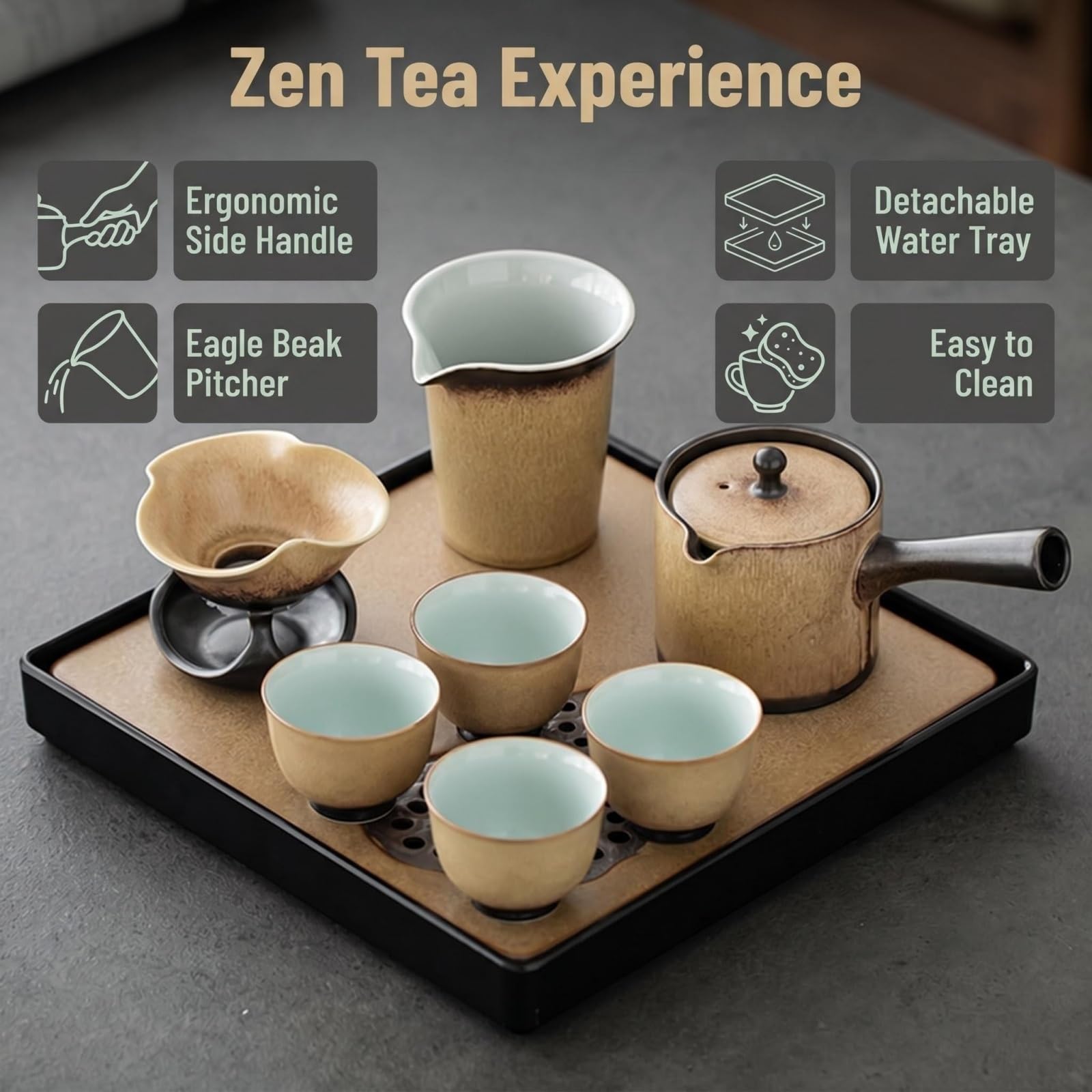 Zestaw ceremonii parzenia herbaty, rustykalny ceramiczny zestaw Kung Fu z czajnikiem, kubkiem Fair, sitkiem i filiżankami, kompletny zestaw do herbaty 150 ml z tacą do użytku domowego