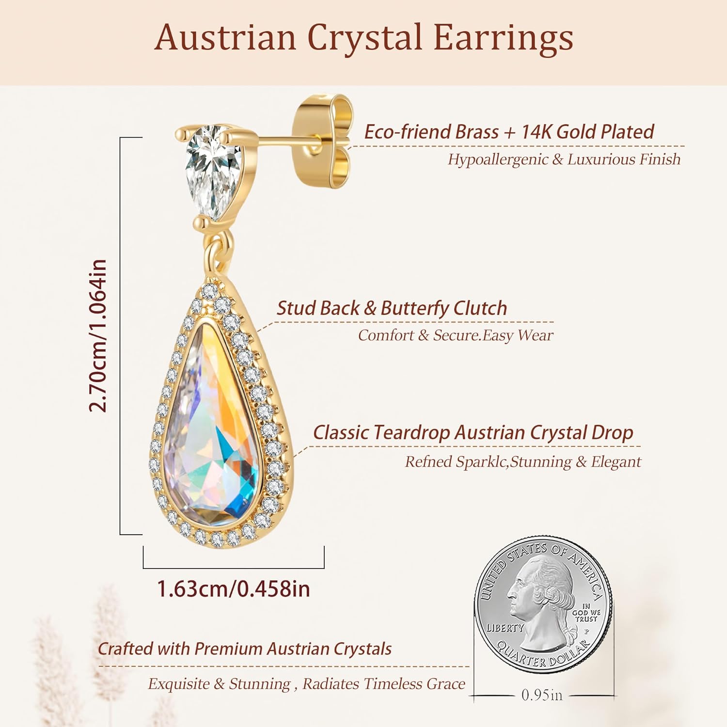 EVEVIC Austrian Crystal Halo Teardrop Dangle Drop Earrings for Women 14K Gold Plated Jewelry Gifts - Image 6