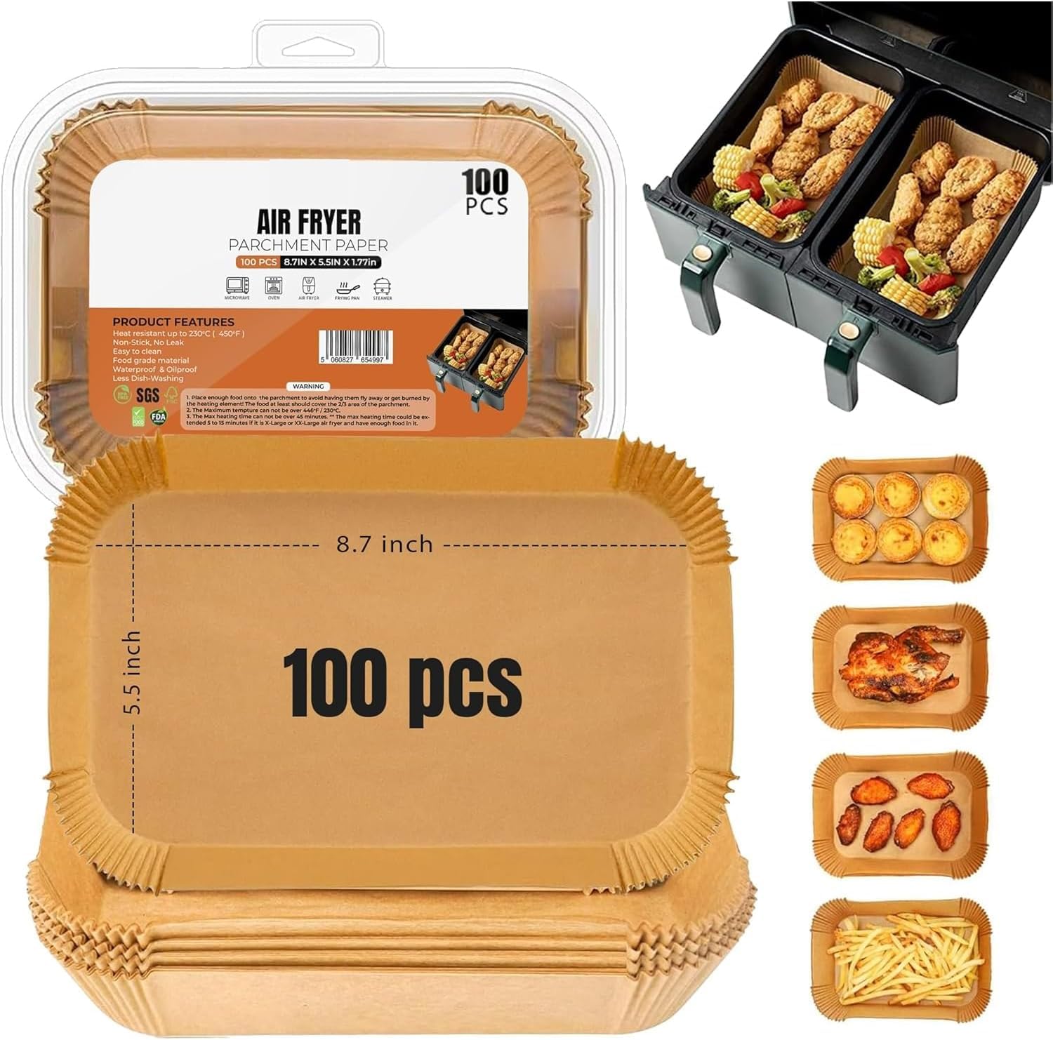 Roe Tenpo Air Fryer Liners Disposable 8.7x5.5 Inch 100pcs Rectangular, Non-Stick Baking Parchment Paper Liners, Compatible with Ninja, Tower and Other Dual Zone Air Fryers (5.5 Inch 100pcs Rectangle)