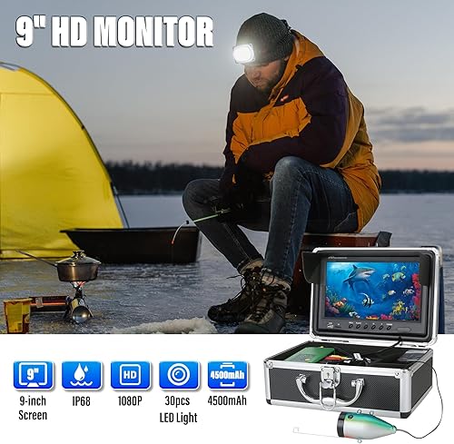 Miniatura 6 de ESANHAO Cámara de pesca, grabadora DVR de 9 pulgadas, cámara de pesca submarina con 30 luces LED ajustables, cámara submarina portátil para pesca en