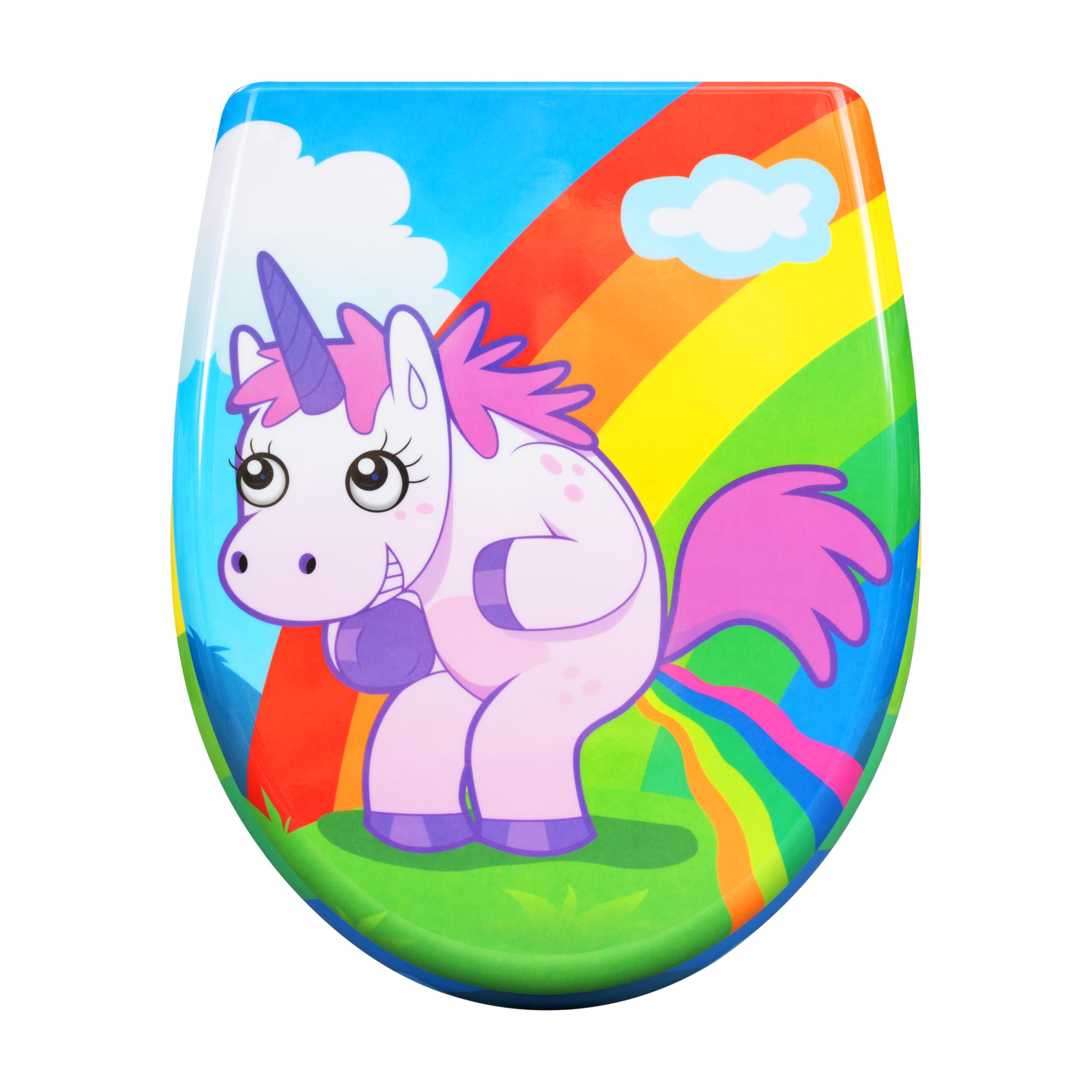 eSituro Toilettendeckel, WC Sitz mit Absenkautomatik, Klodeckel mit Schnellverschluss, 360° verstellbaren Scharnieren, Klobrille aus Duroplast, Regenbogen- und Einhorndruck