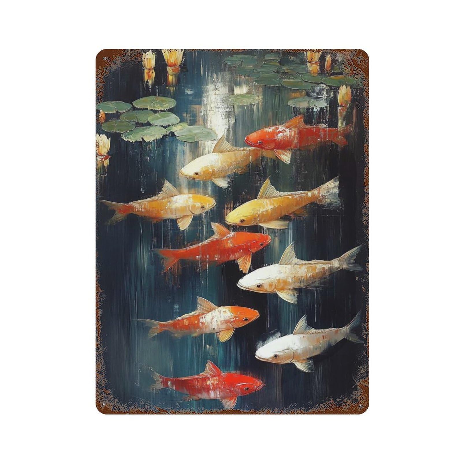 Koi Fish Pond Painting Rust Effect Tin Sign 15.7"x11.8", Vintage Wall Decor for Pub, Kitchen And Man Cave Decor