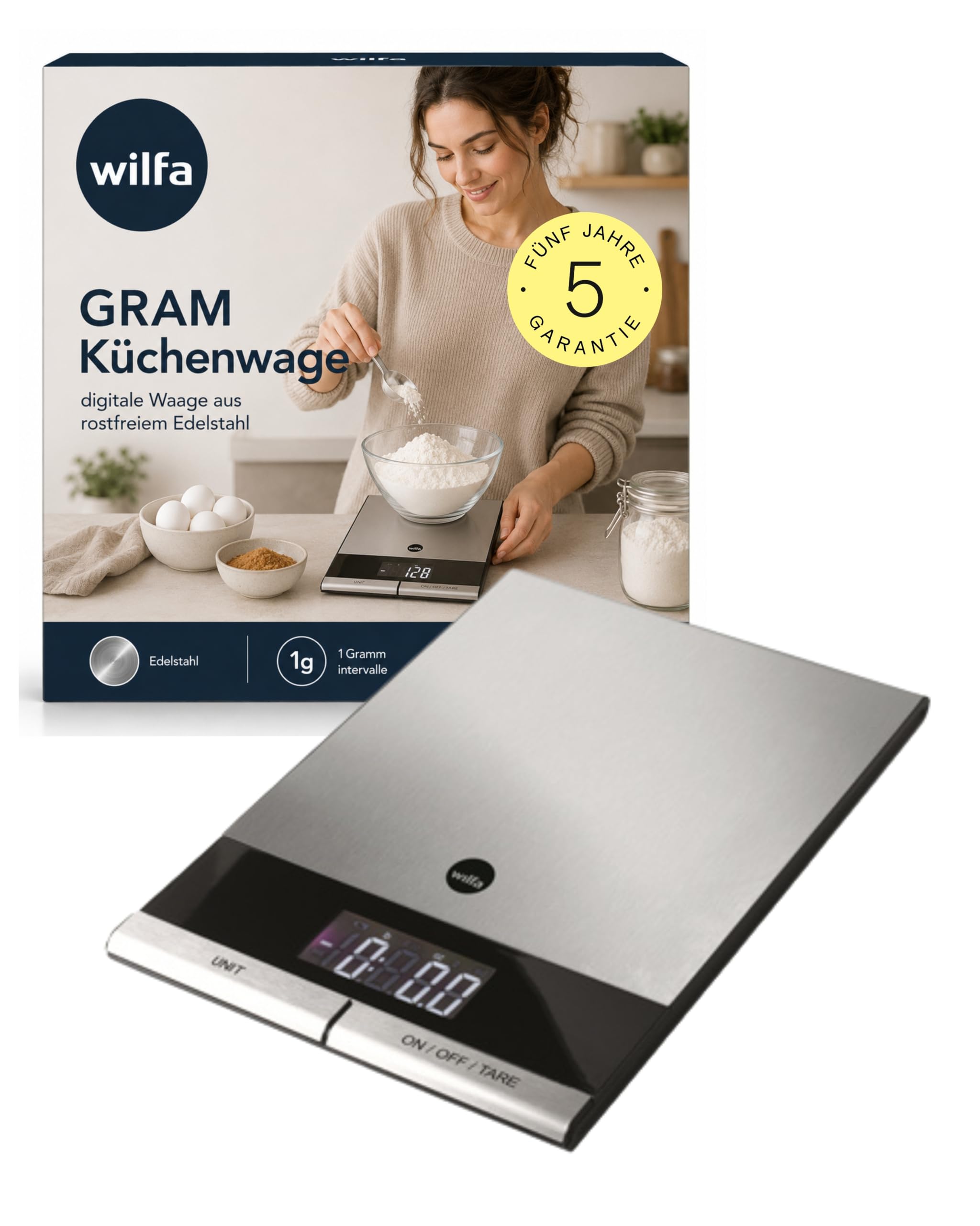 Wilfa GRAM STÅL Küchenwaage – digitale Waage aus rostfreiem Edelstahl – 1 Gramm Intervalle – 5kg Maximalbelastung, silber