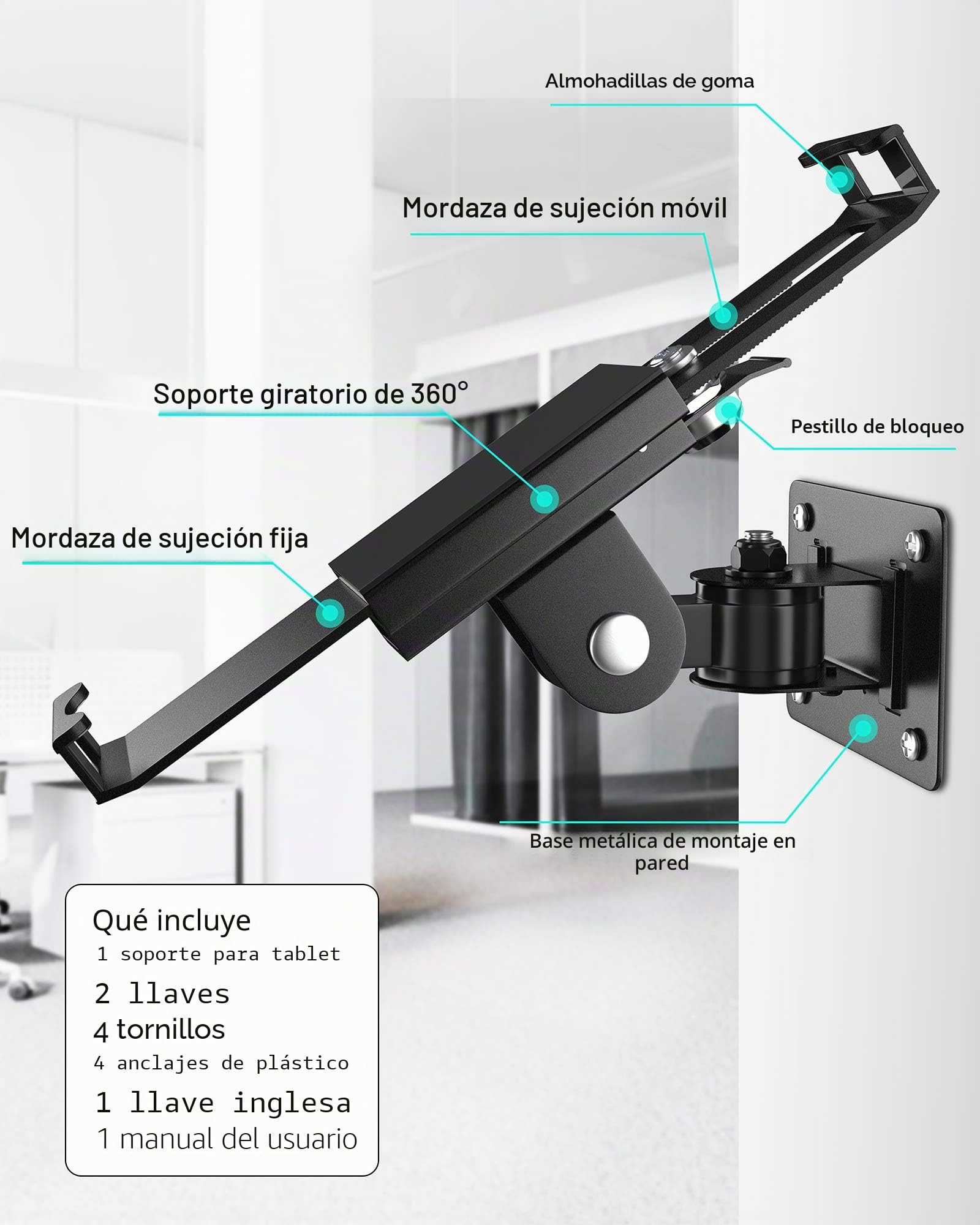 AboveTEK Soporte de Pared para Tablet Antirrobo iPad de 7 a 11 Pulgadas, Incluyendo iPad, Galaxy Tab, Pizarra, Fuego y más, Bloqueo de Seguridad antirrobo y Llave Negro