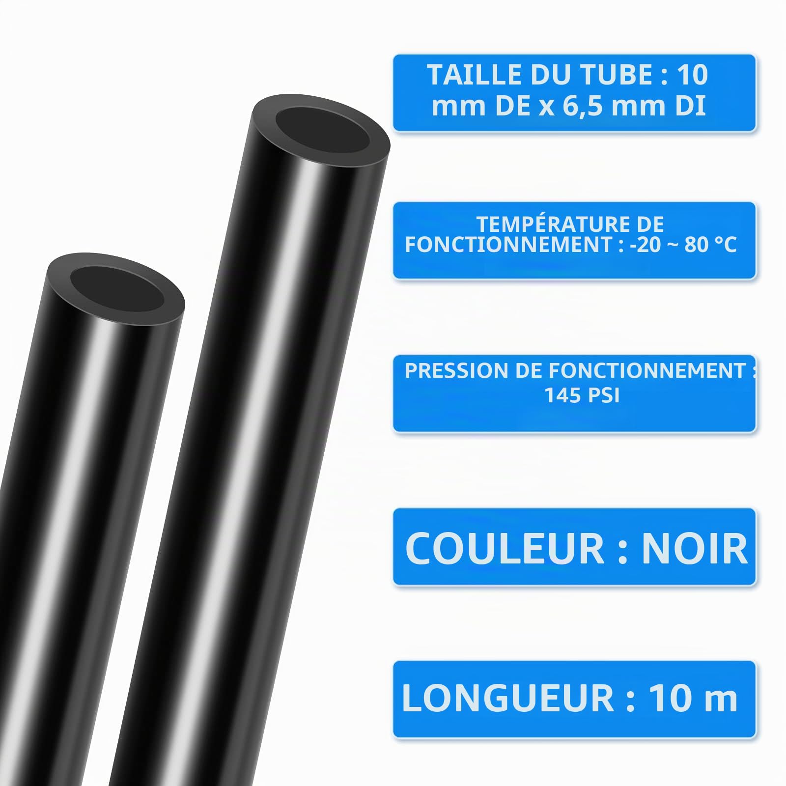 Kit de tuyau à air en polyuréthane PU, 10M de tuyau à air PU noir, 10 mm OD x 6,5 mm ID avec kits de raccords pneumatiques