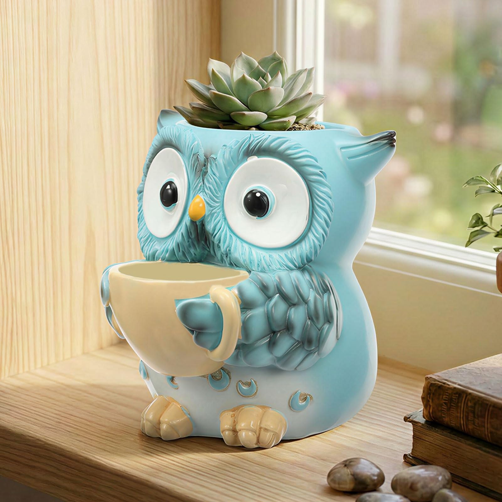 shaojian Cute Succulent Pots Unique Small Plant Pots with Drainage Hole, Rocking Chair Planter for Outdoor Indoor Plants, Resin Flower Pot for String of Pearls Succulent Cactus(Blue Owl & Cup)