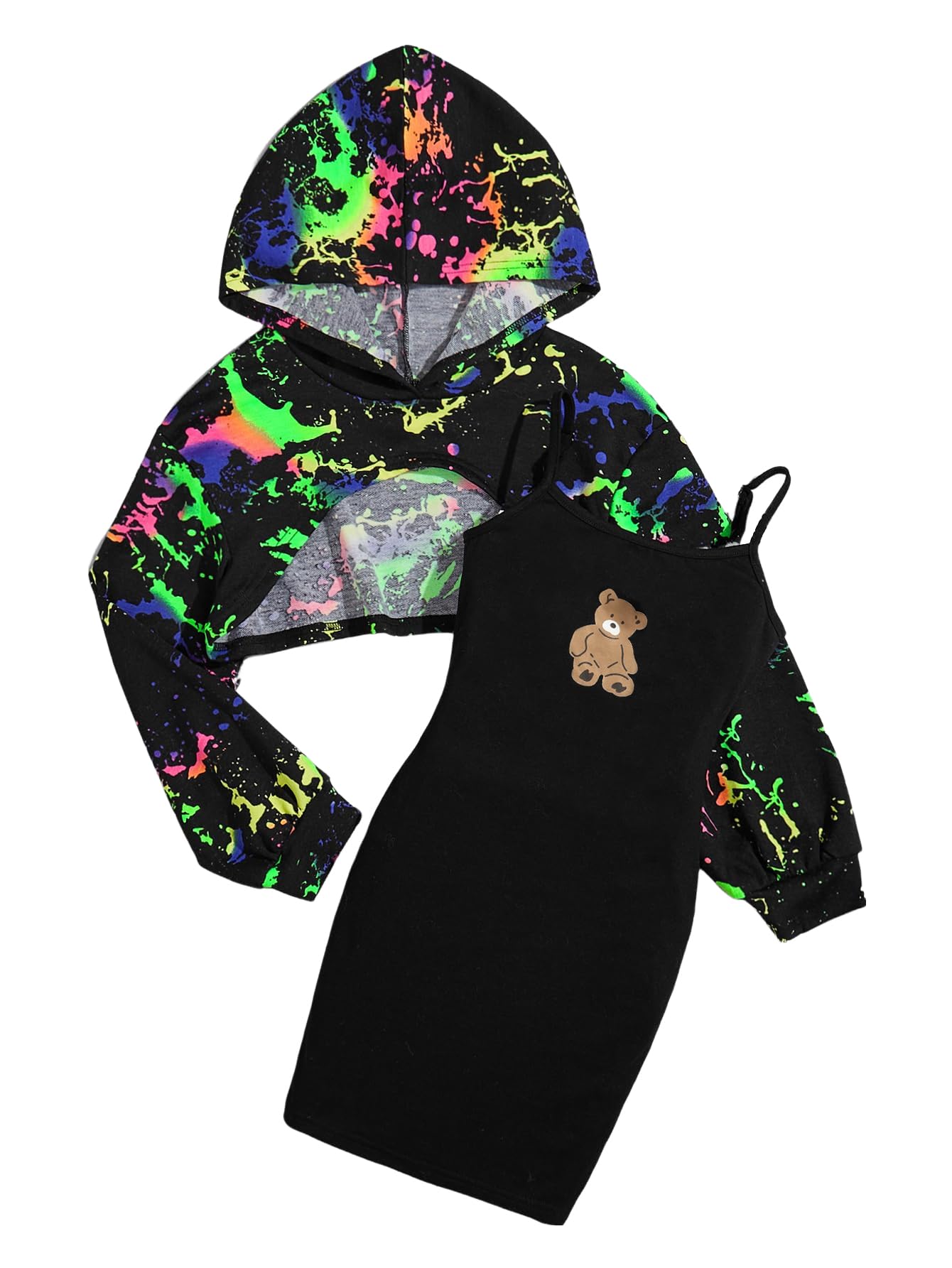 COZYEASE Girls' 2 Piece Outfits Long Sleeve Cropped Hoodie with Cartoon Bear Print Cami Bodycon Dress Set Black 11-12Y