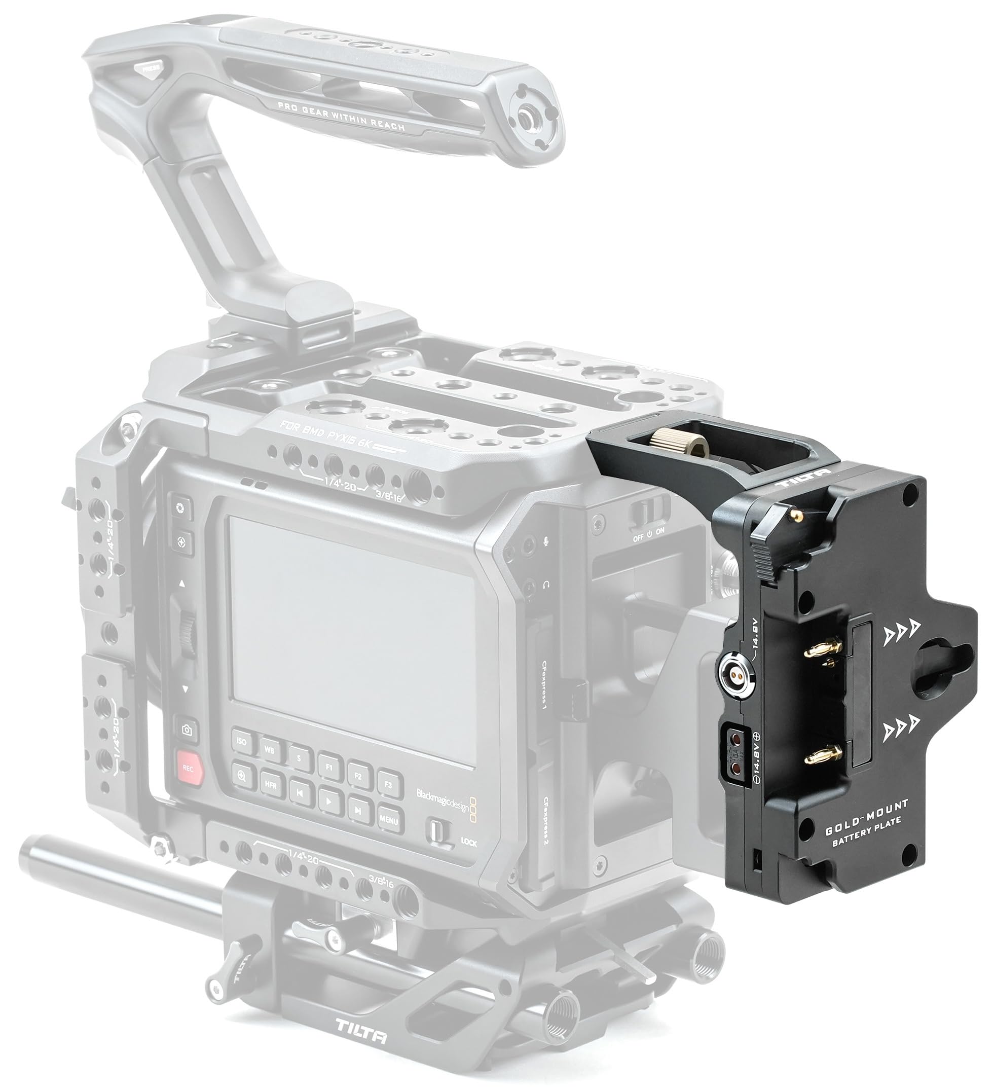 Tilta Battery Plate Compatible with Blackmagic Pyxis 6K / 12K – Gold Mount | High Capacity Power Output (2 Pin Lemo, P-Tap, USB-C) | External Power Input | Security Attachment | ES-T21-BP-AB
