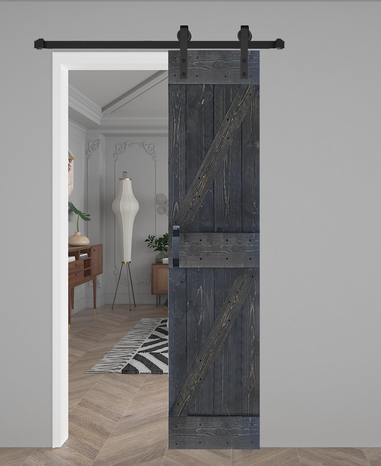 K Series 24in x 84in Carbon Gray Finished Solid Wood Barn Door with Hardware Track - Assembly Needed