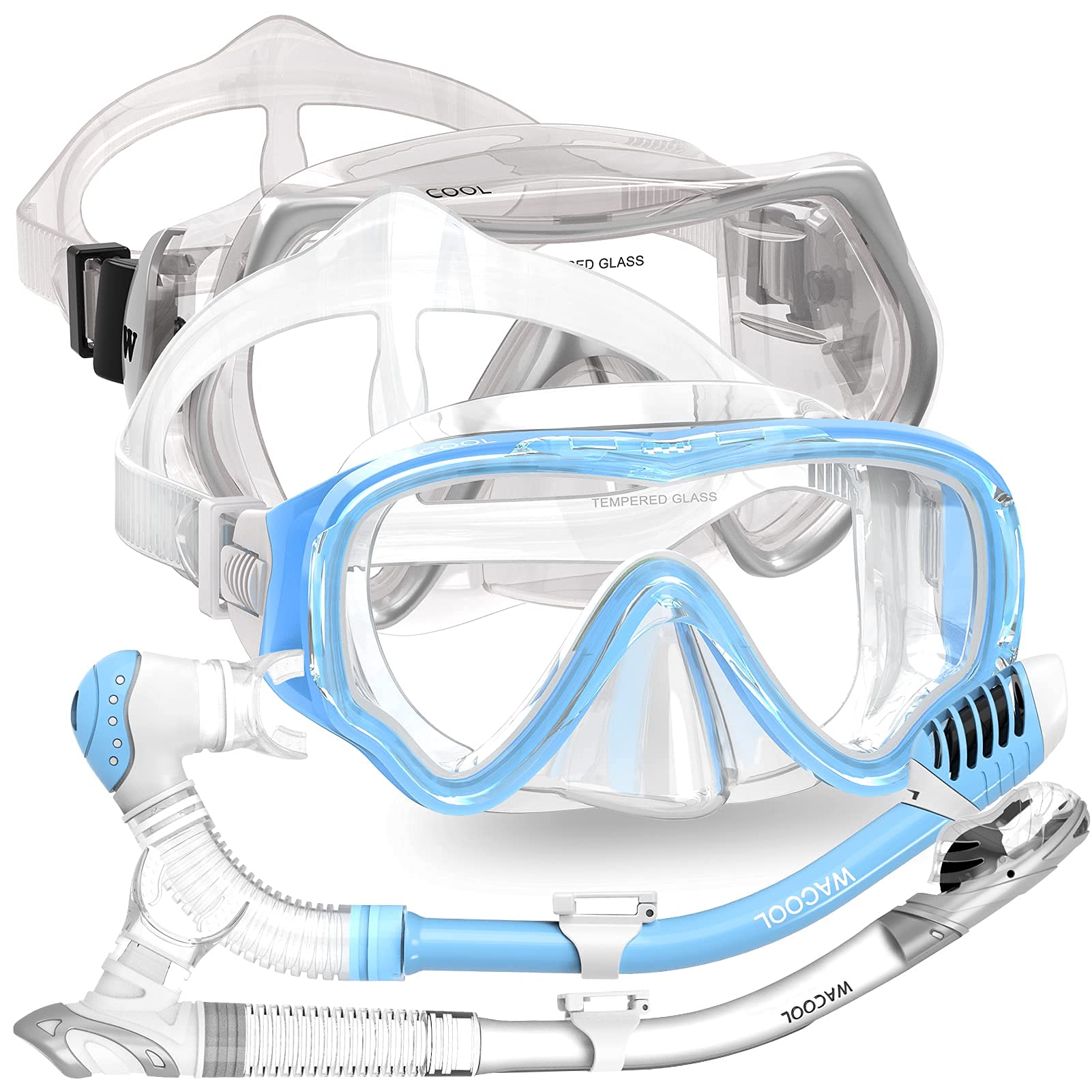 WACOOLProfessional Adult (Sliver) and Kids (SkyBlue) Snorkeling Set Swimming Gear Anti-Fog Coated Glass with Silicon Mouth Piece Purge Valve and Anti-Splash